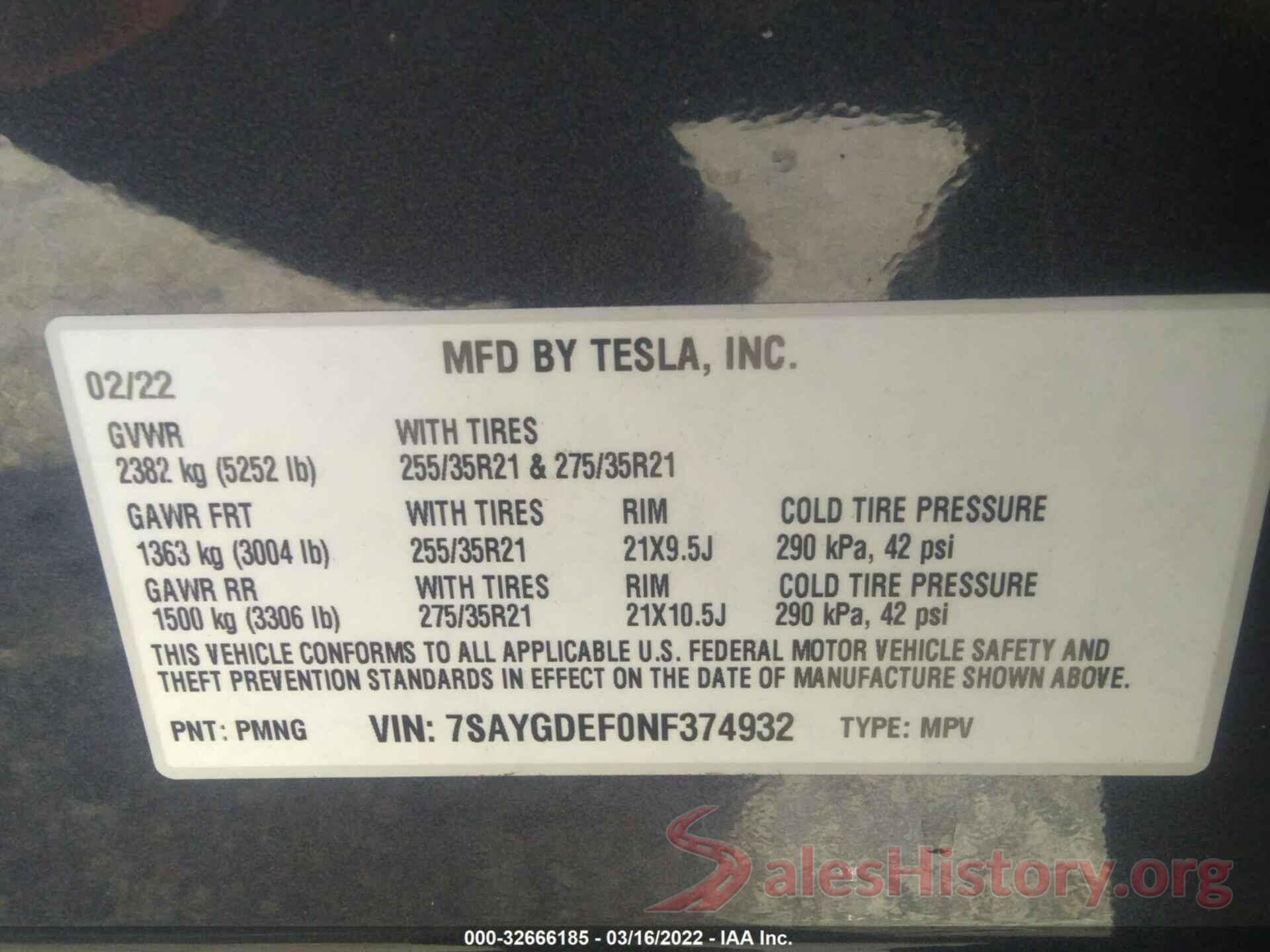 7SAYGDEF0NF374932 2022 TESLA MODEL Y