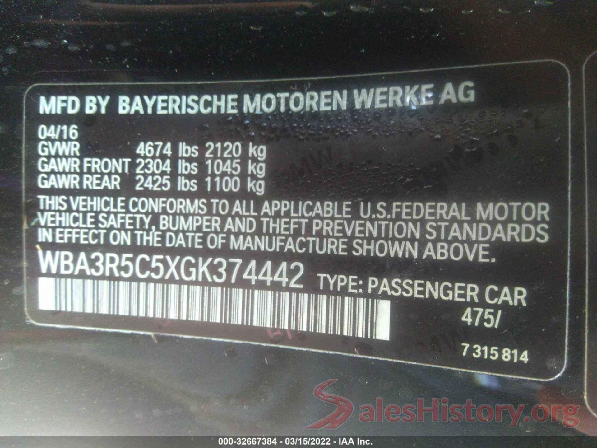 WBA3R5C5XGK374442 2016 BMW 4 SERIES