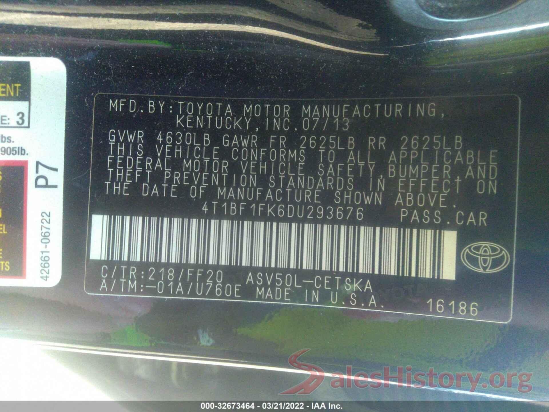 4T1BF1FK6DU293676 2013 TOYOTA CAMRY