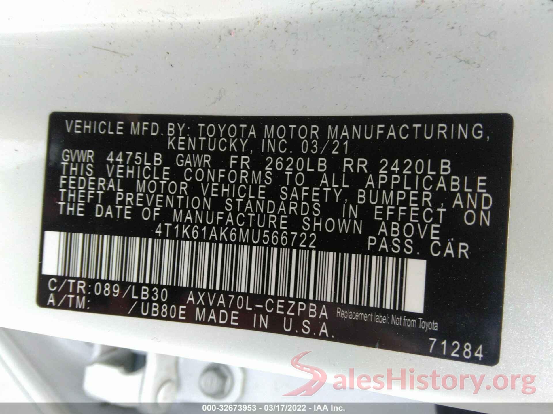 4T1K61AK6MU566722 2021 TOYOTA CAMRY