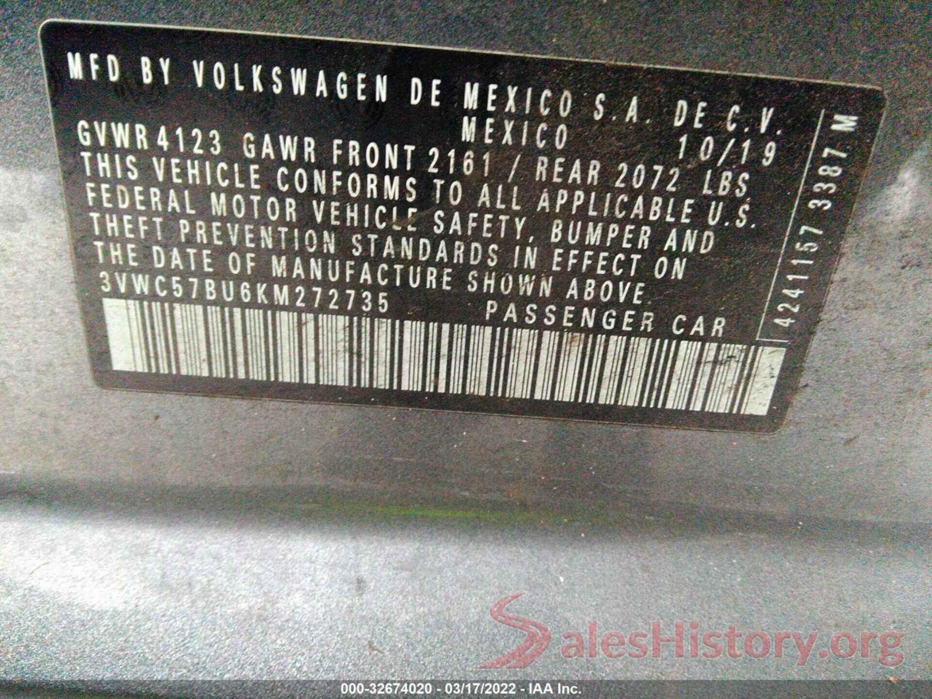 3VWC57BU6KM272735 2019 VOLKSWAGEN JETTA