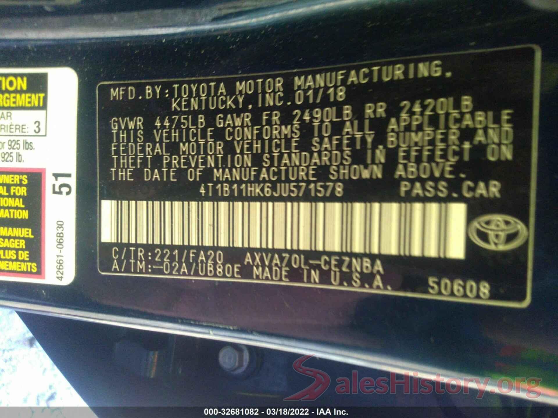 4T1B11HK6JU571578 2018 TOYOTA CAMRY