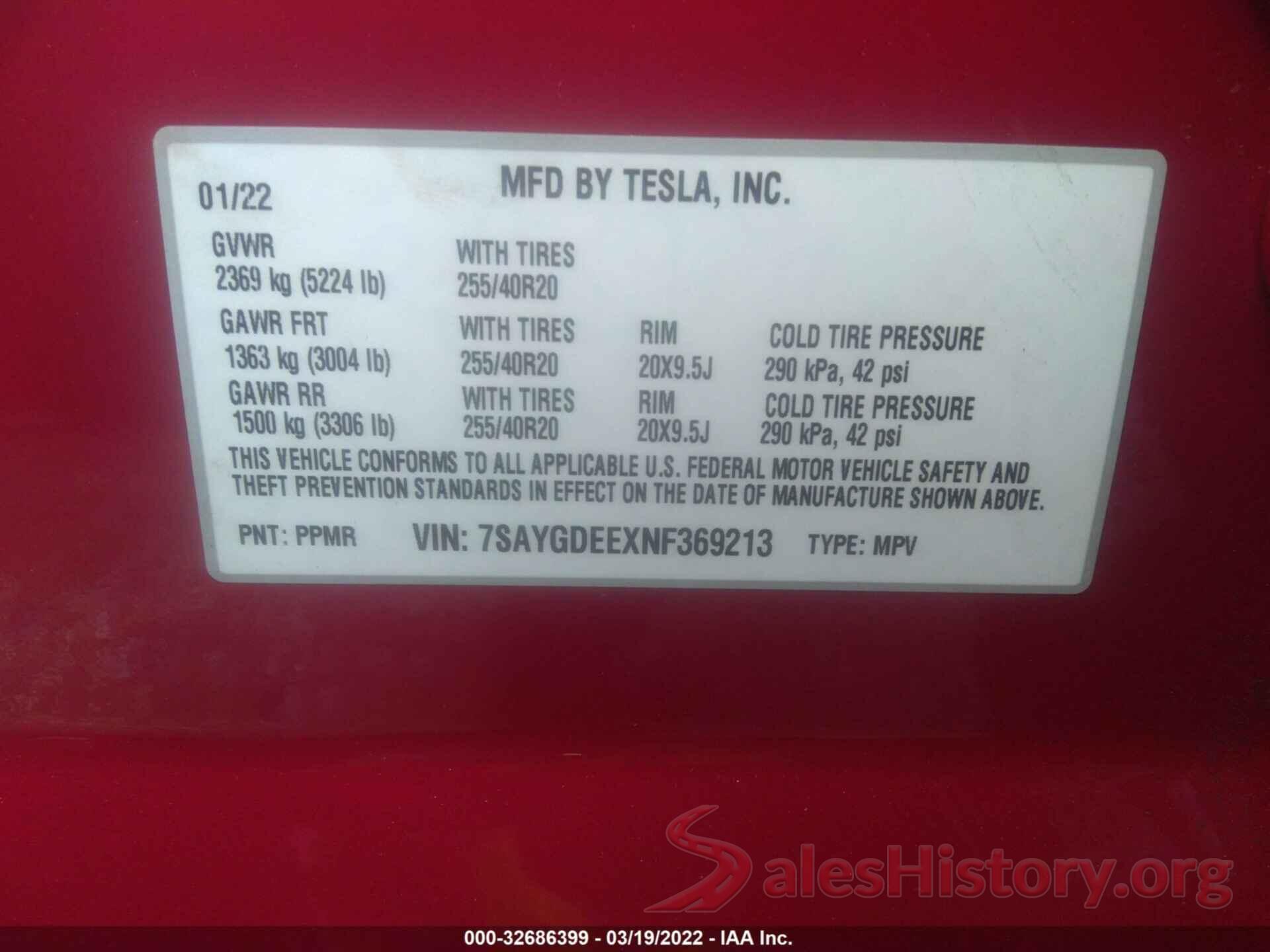 7SAYGDEEXNF369213 2022 TESLA MODEL Y