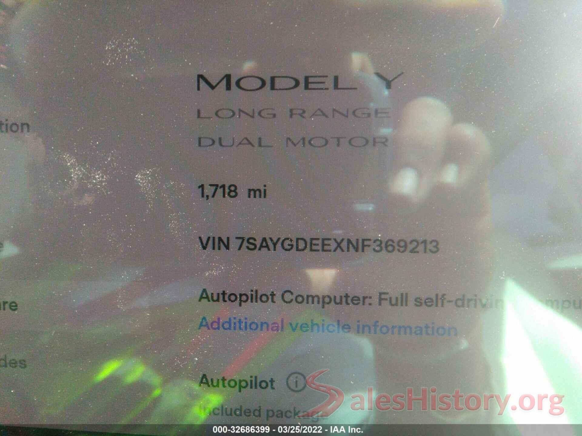 7SAYGDEEXNF369213 2022 TESLA MODEL Y