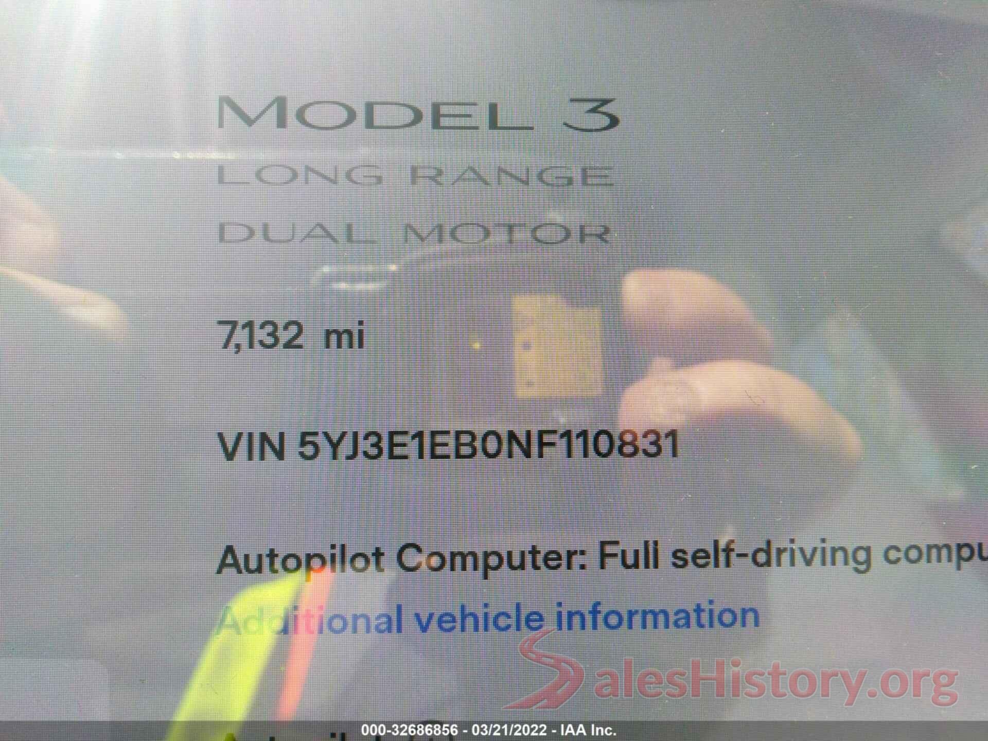 5YJ3E1EB0NF110831 2022 TESLA MODEL 3