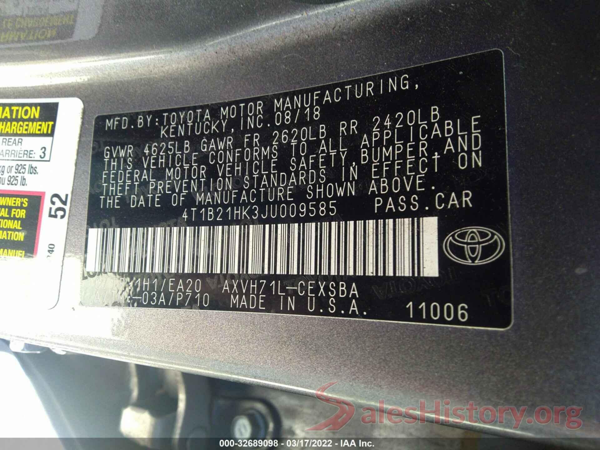 4T1B21HK3JU009585 2018 TOYOTA CAMRY