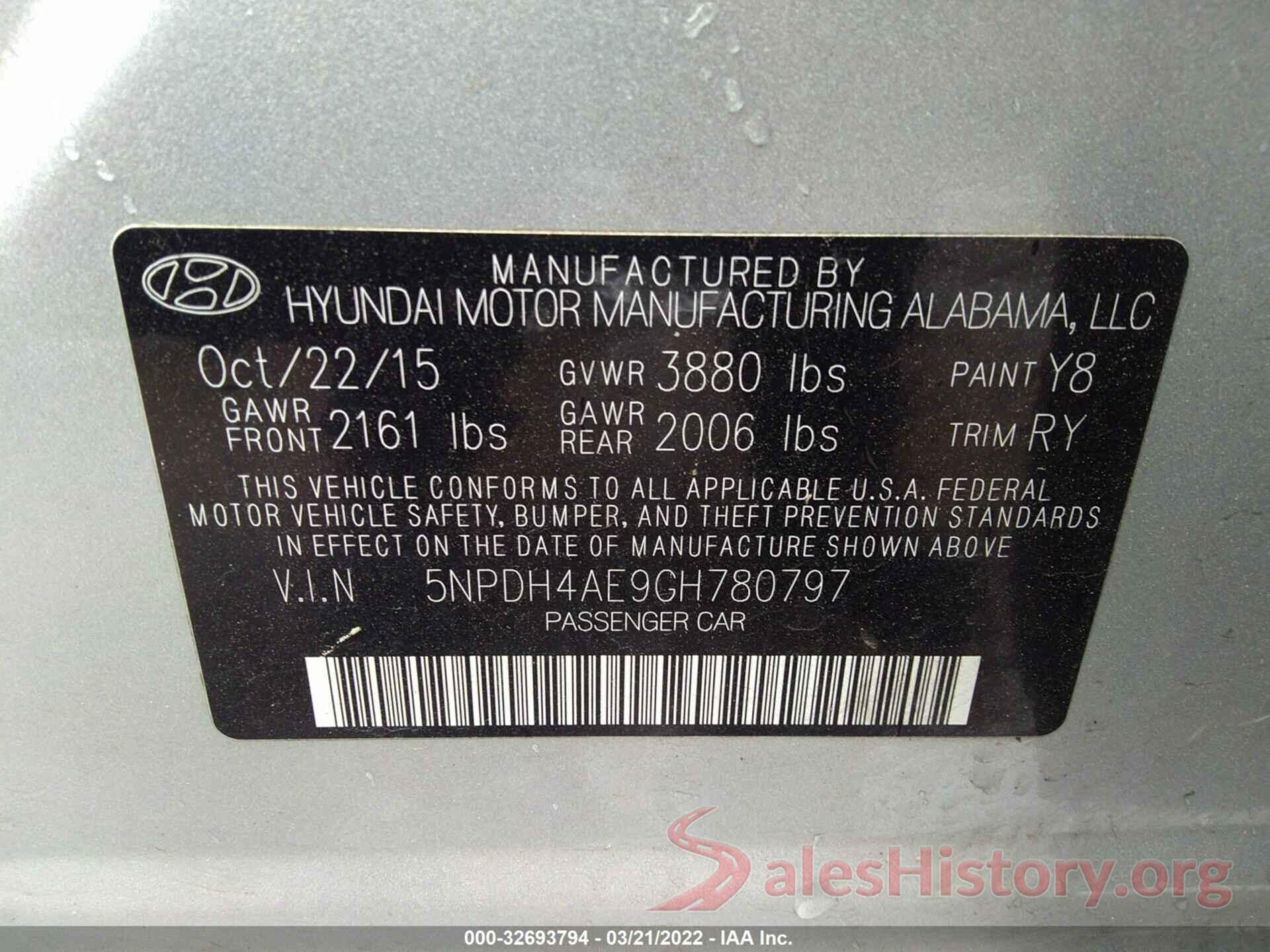 5NPDH4AE9GH780797 2016 HYUNDAI ELANTRA