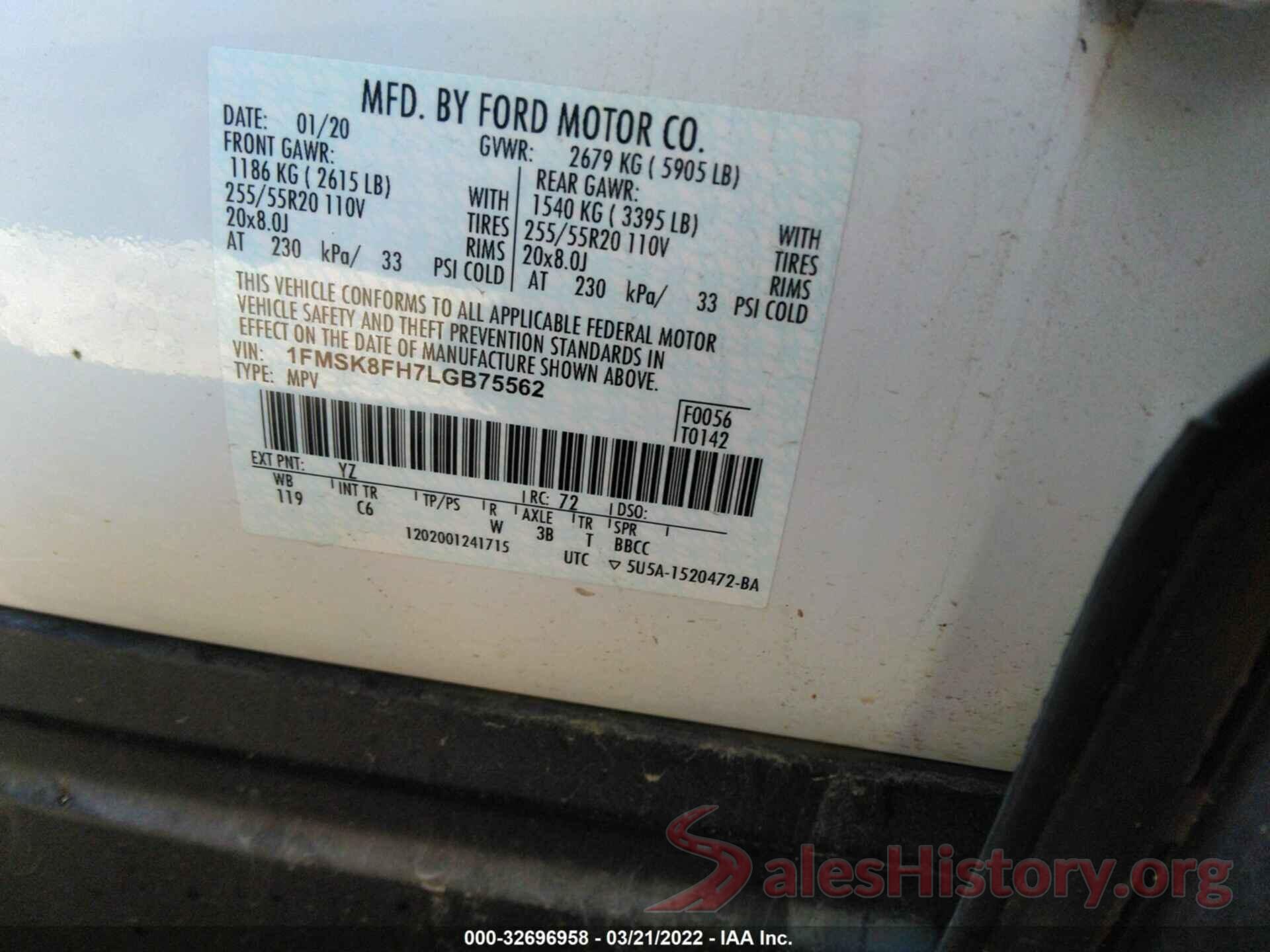 1FMSK8FH7LGB75562 2020 FORD EXPLORER