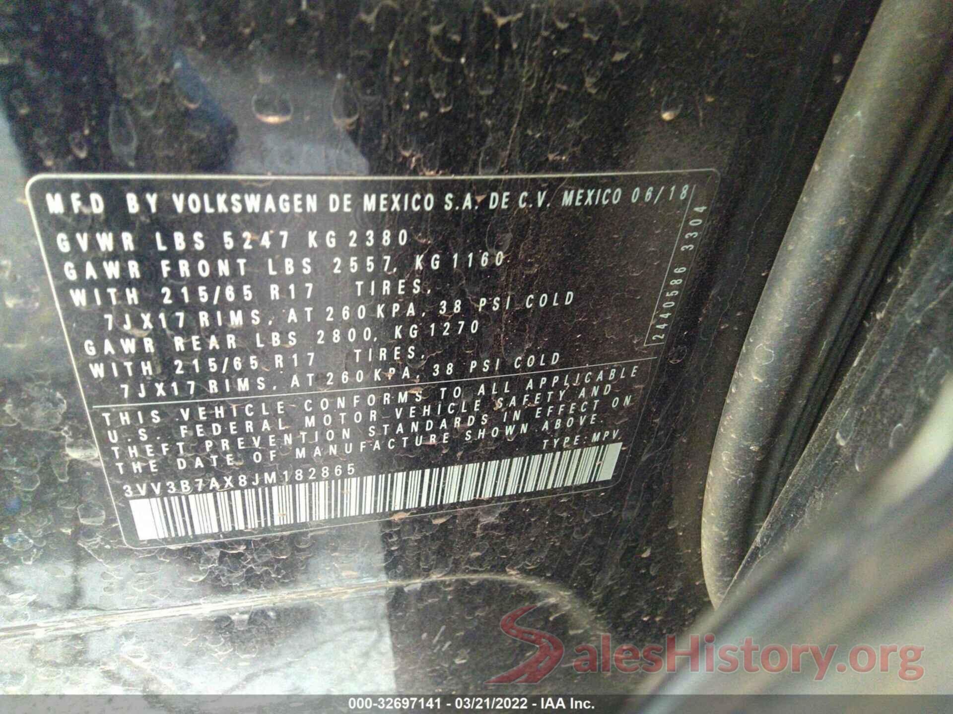 3VV3B7AX8JM182865 2018 VOLKSWAGEN TIGUAN