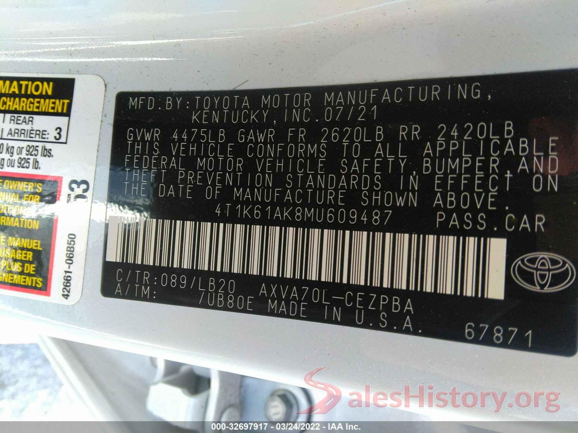 4T1K61AK8MU609487 2021 TOYOTA CAMRY