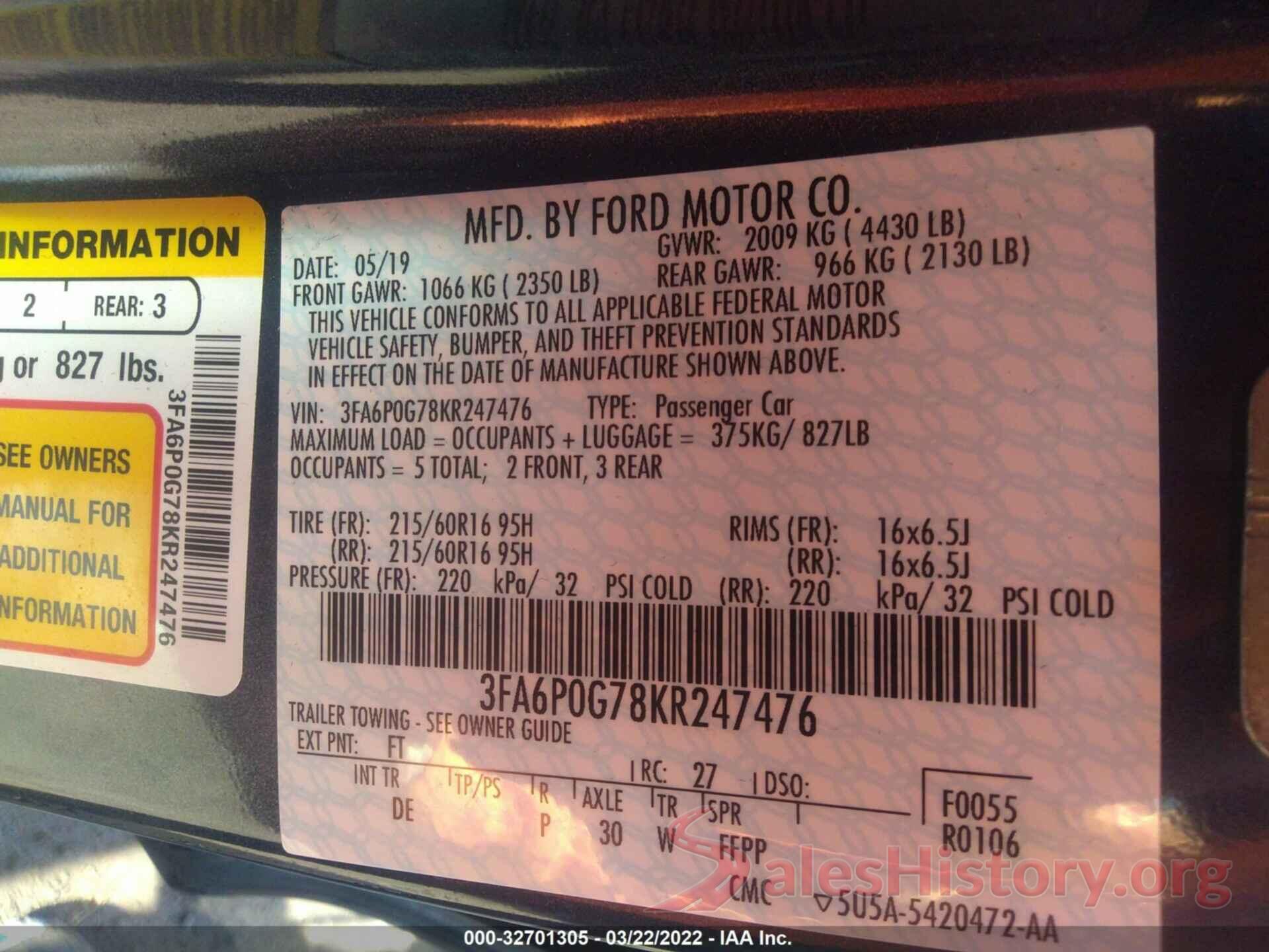 3FA6P0G78KR247476 2019 FORD FUSION