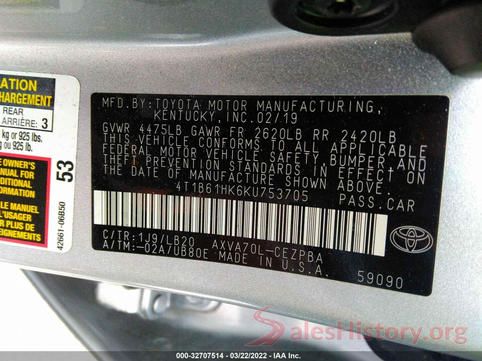 4T1B61HK6KU753705 2019 TOYOTA CAMRY