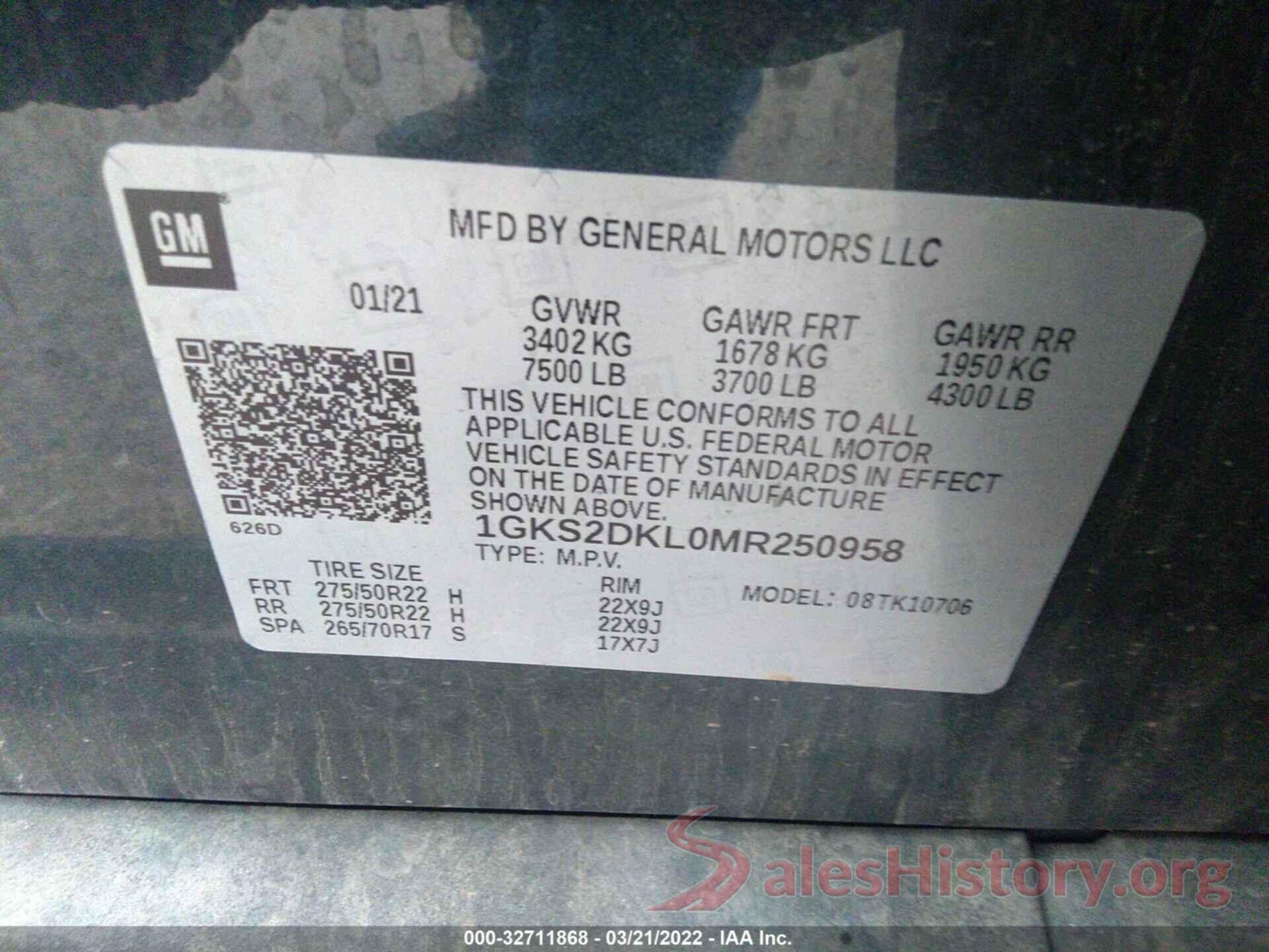 1GKS2DKL0MR250958 2021 GMC YUKON