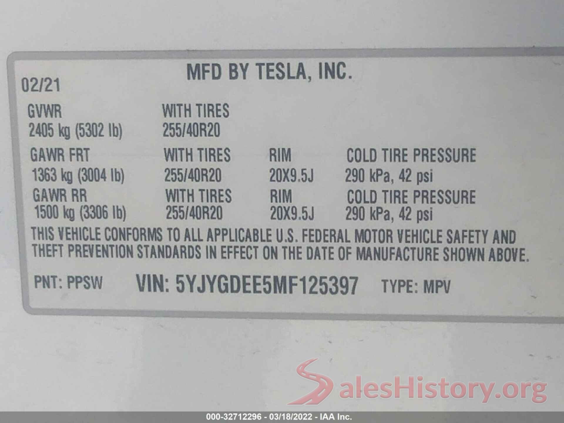 5YJYGDEE5MF125397 2021 TESLA MODEL Y