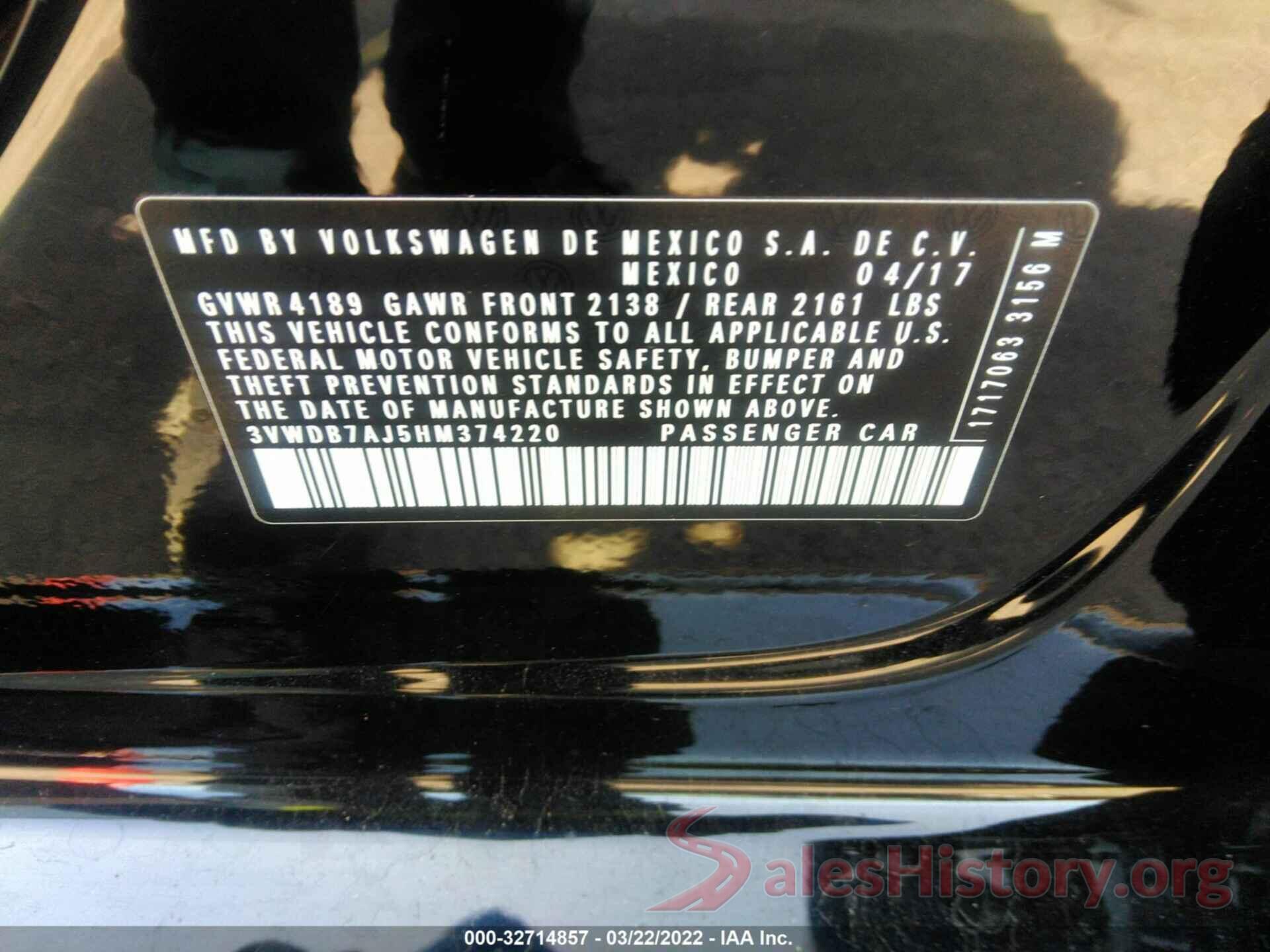 3VWDB7AJ5HM374220 2017 VOLKSWAGEN JETTA