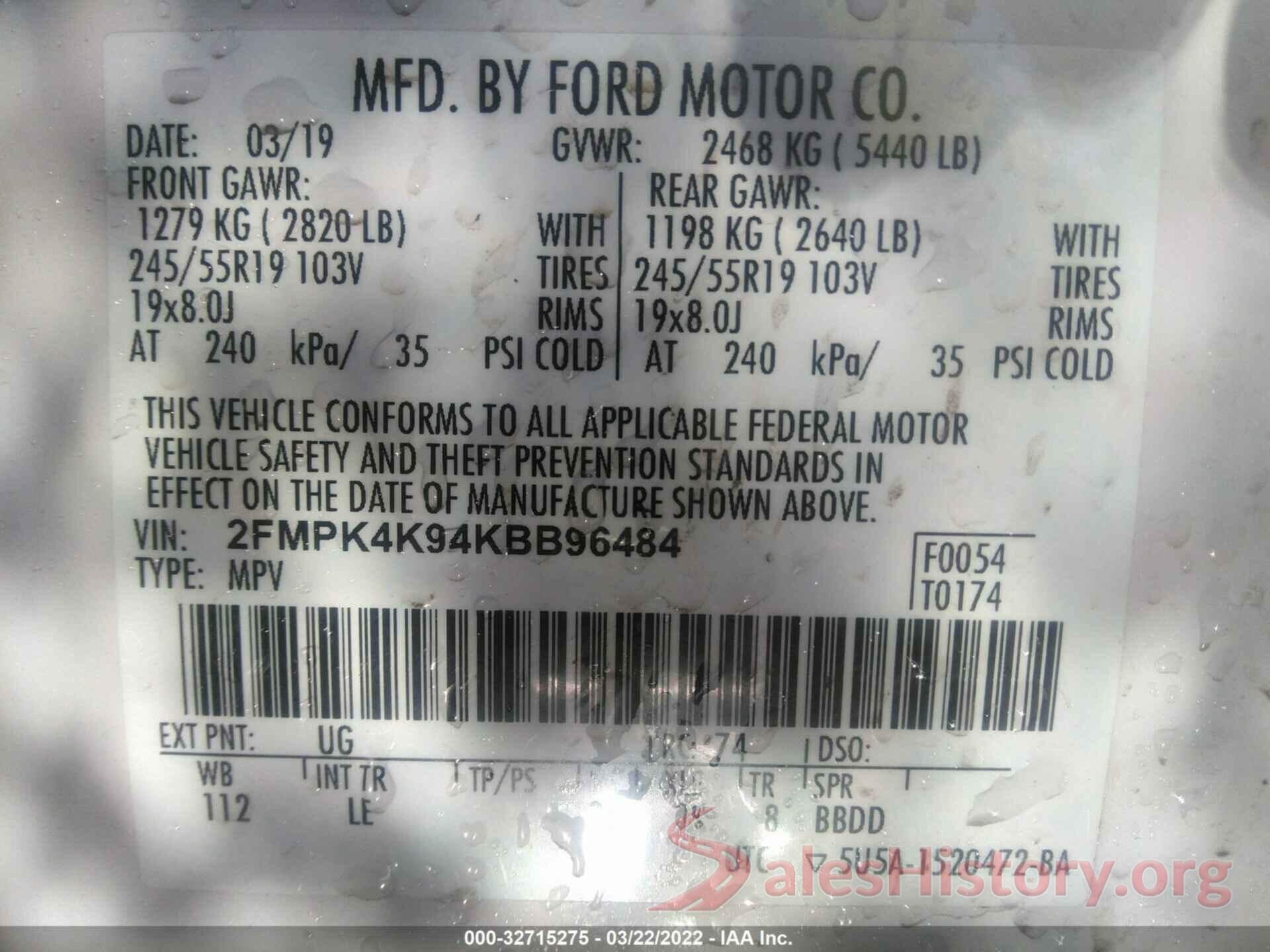 2FMPK4K94KBB96484 2019 FORD EDGE