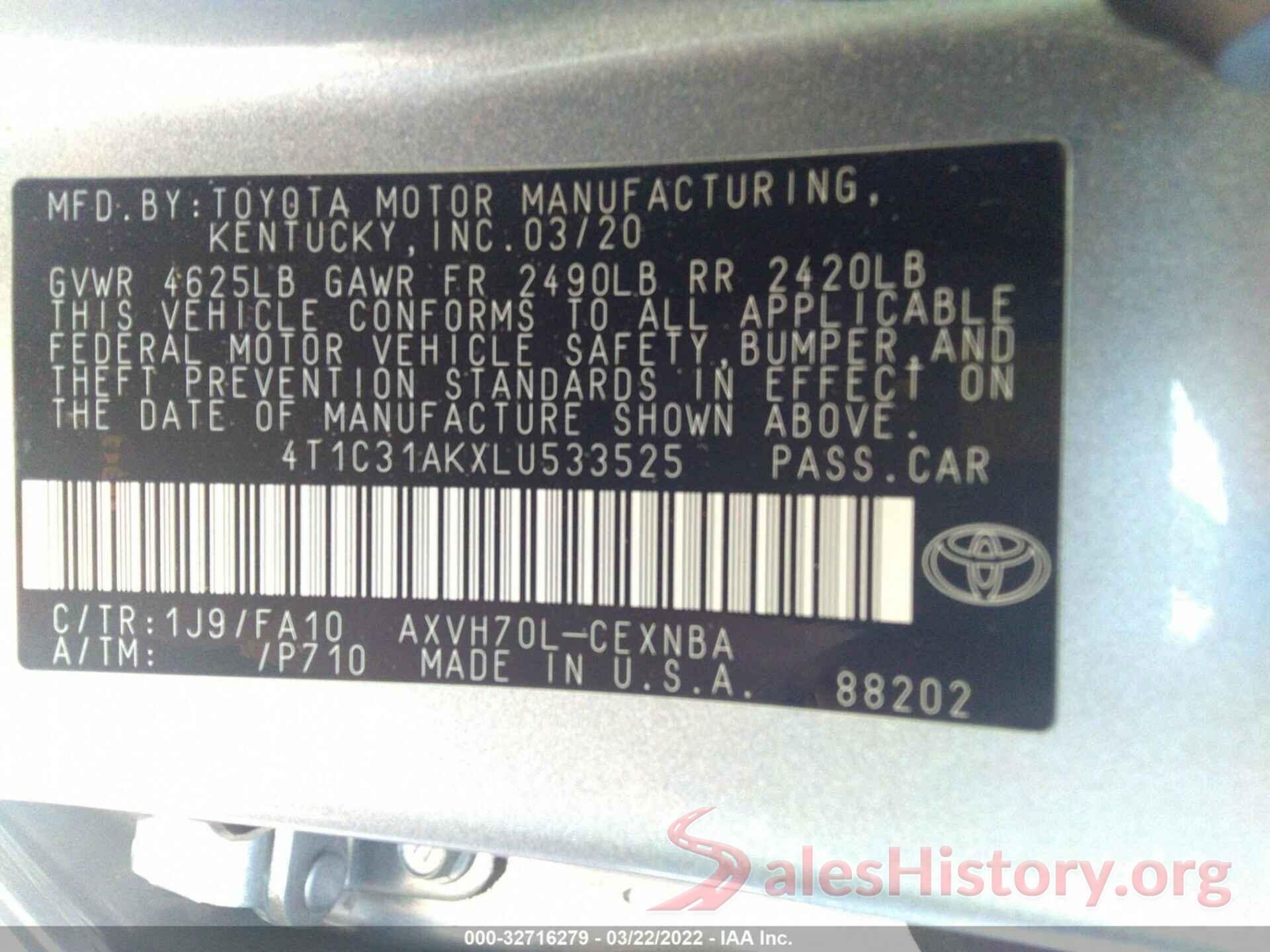 4T1C31AKXLU533525 2020 TOYOTA CAMRY