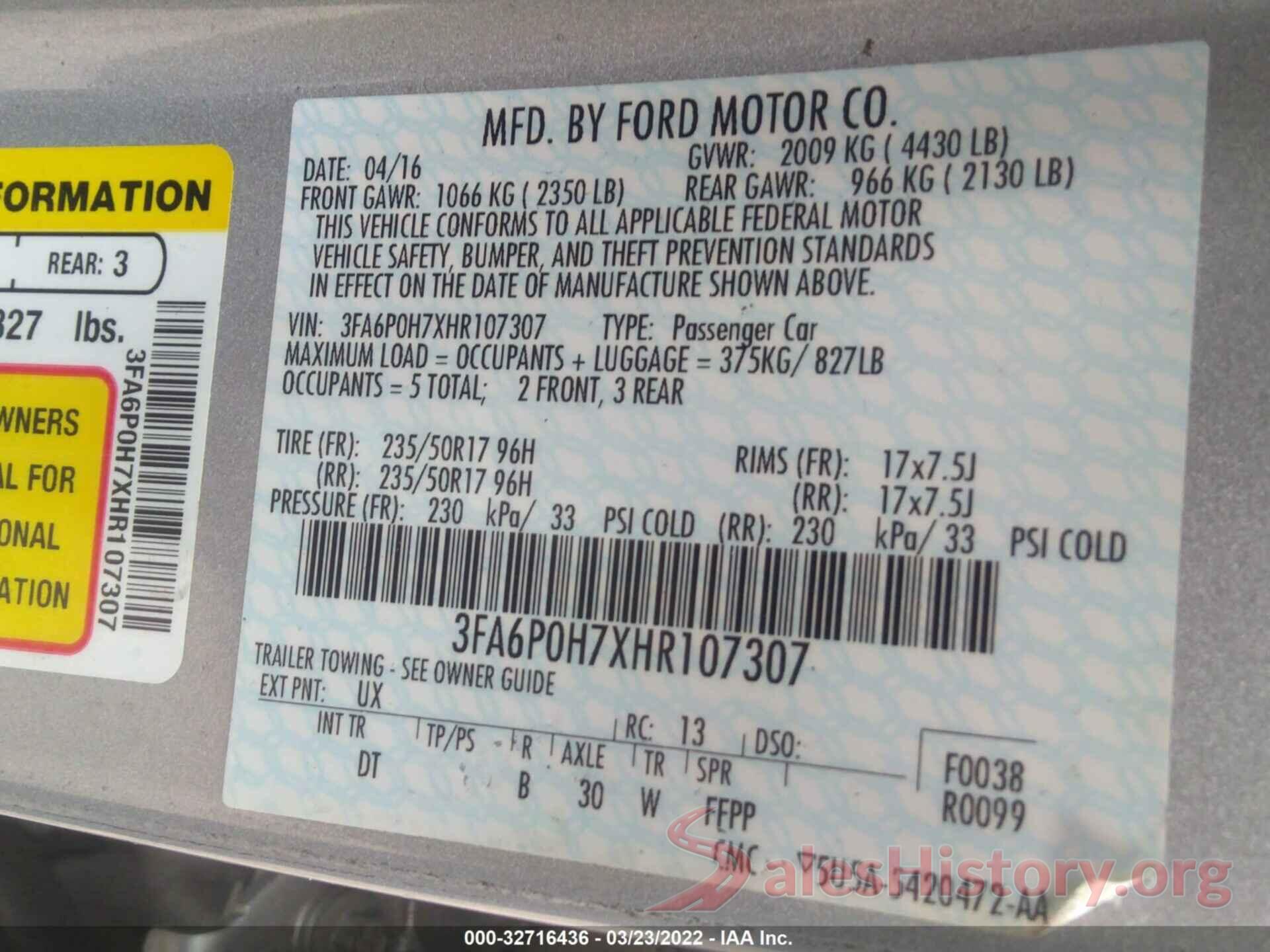 3FA6P0H7XHR107307 2017 FORD FUSION