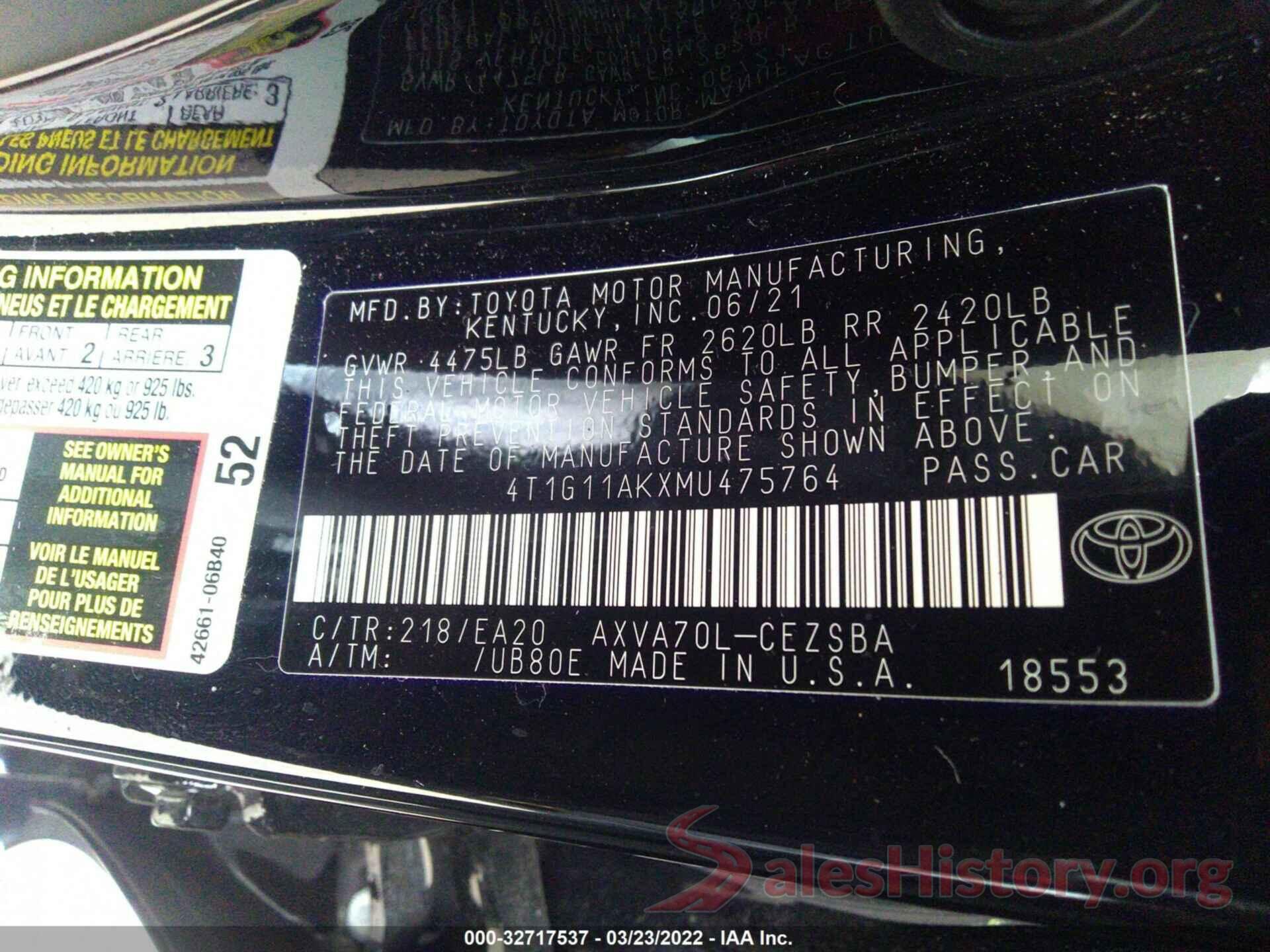 4T1G11AKXMU475764 2021 TOYOTA CAMRY