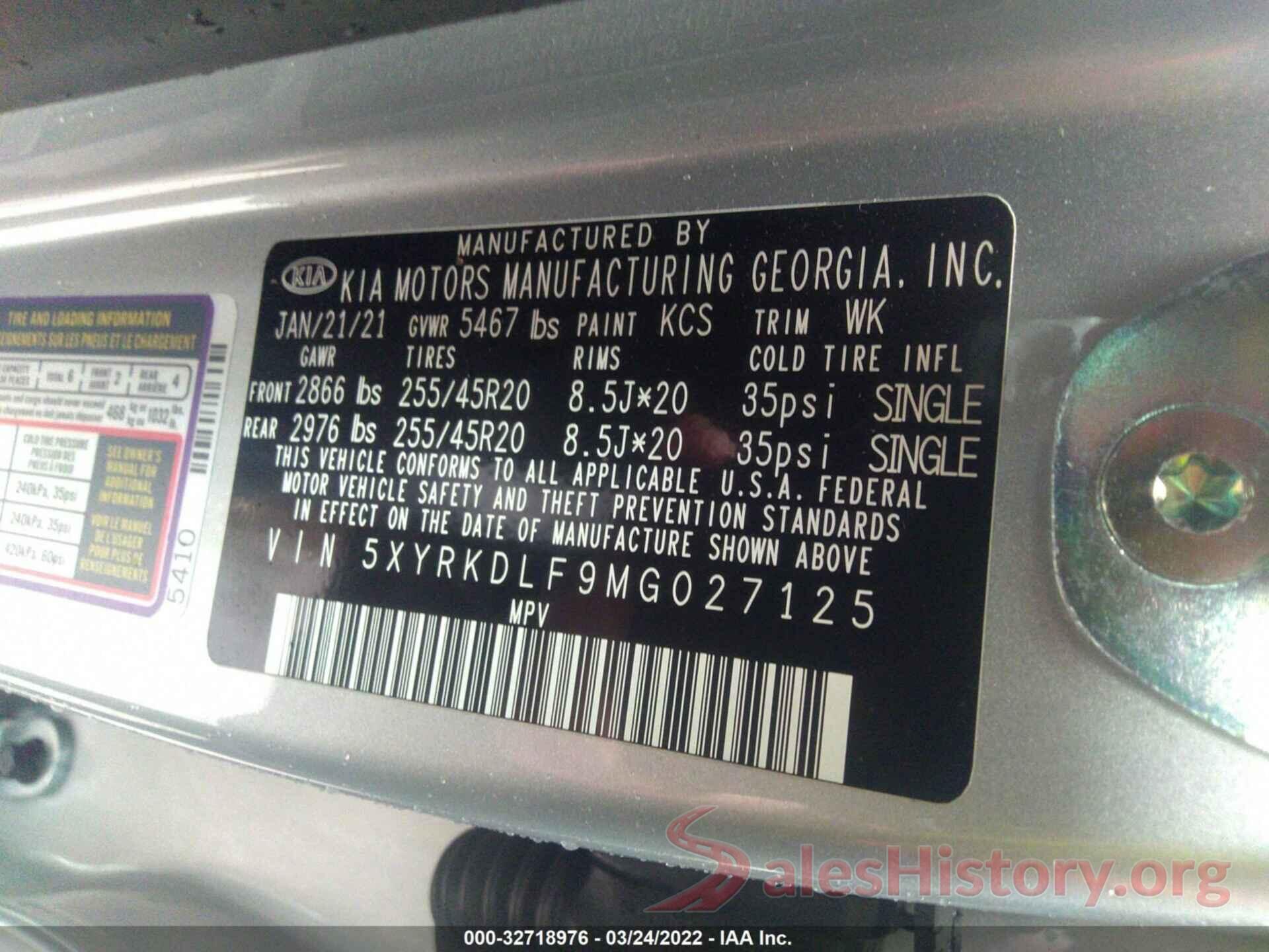 5XYRKDLF9MG027125 2021 KIA SORENTO