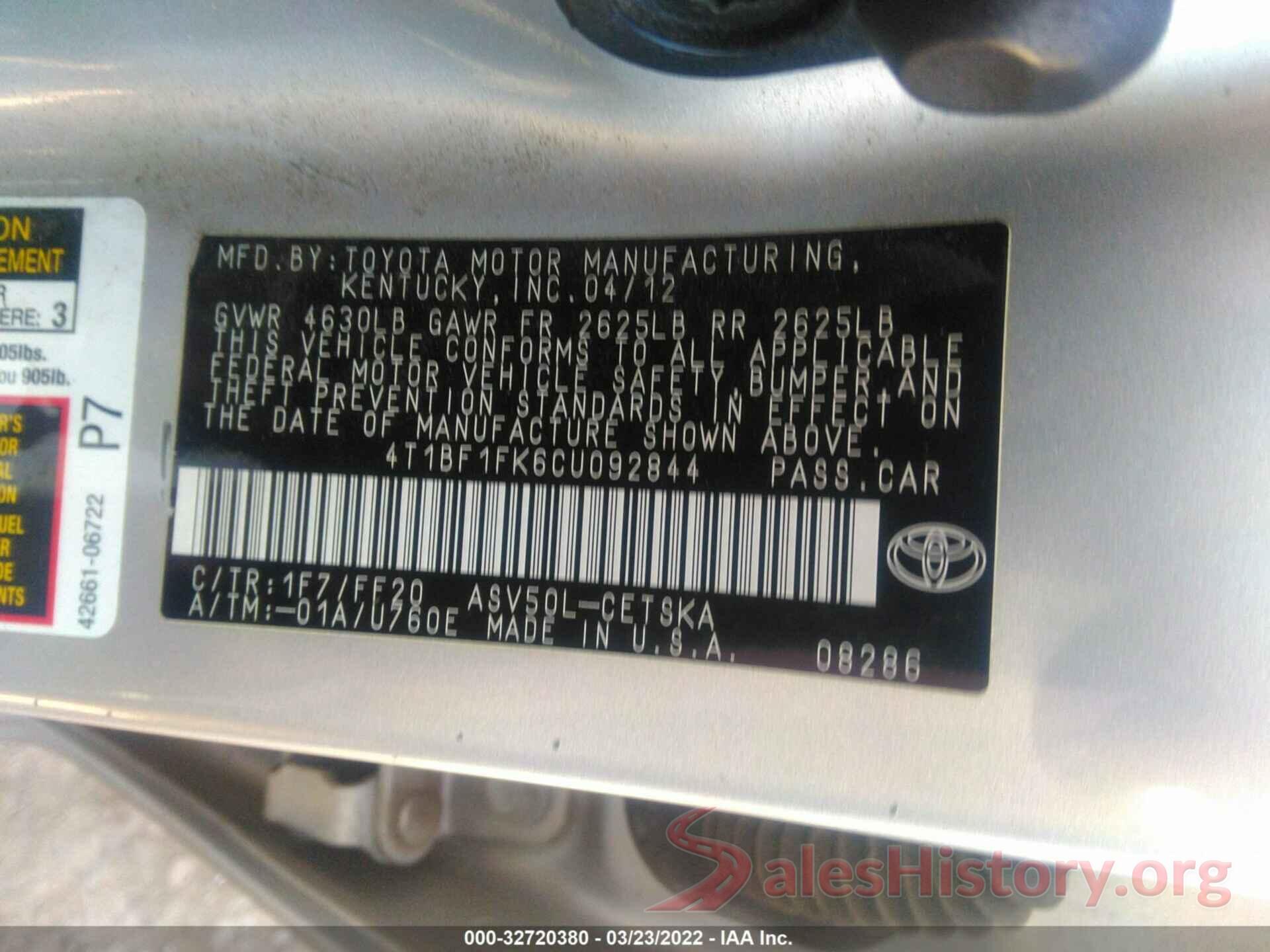 4T1BF1FK6CU092844 2012 TOYOTA CAMRY