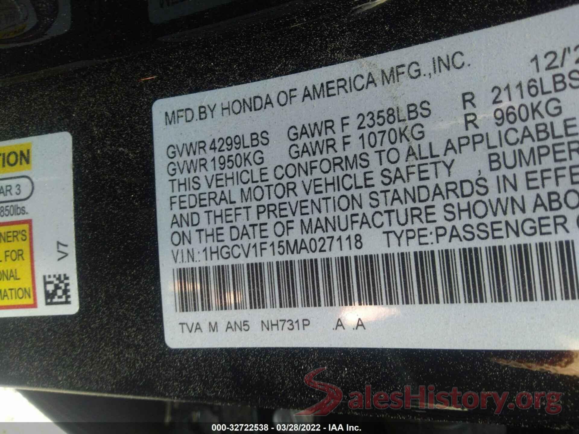 1HGCV1F15MA027118 2021 HONDA ACCORD SEDAN