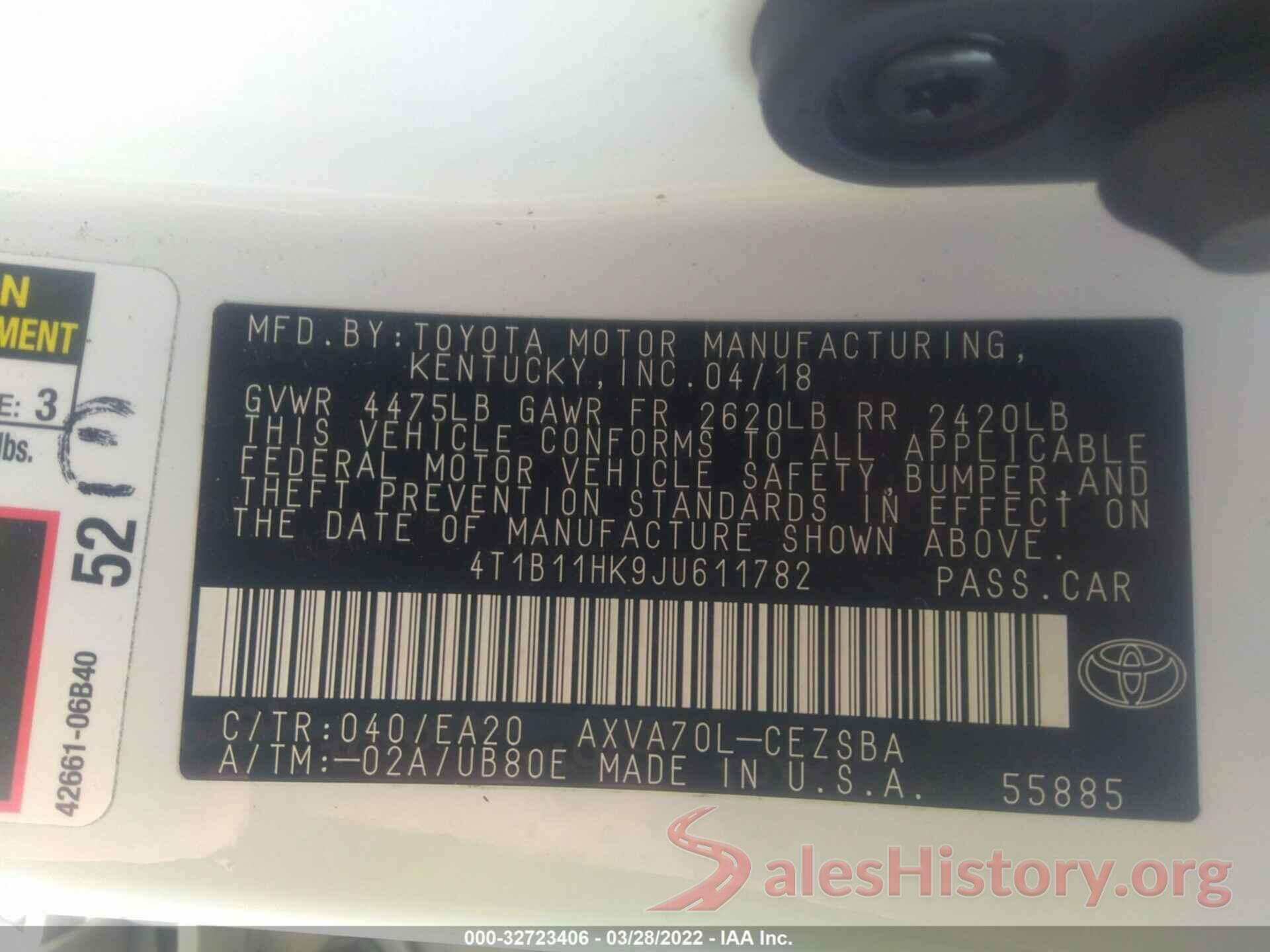 4T1B11HK9JU611782 2018 TOYOTA CAMRY