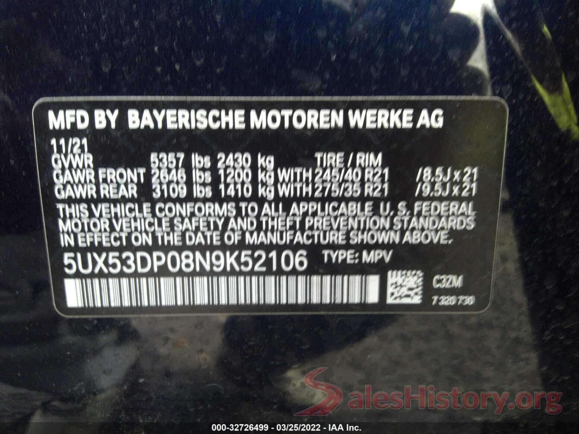 5UX53DP08N9K52106 2022 BMW X3