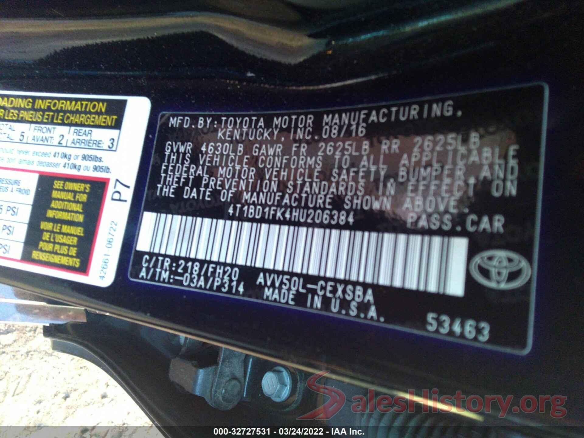 4T1BD1FK4HU206384 2017 TOYOTA CAMRY