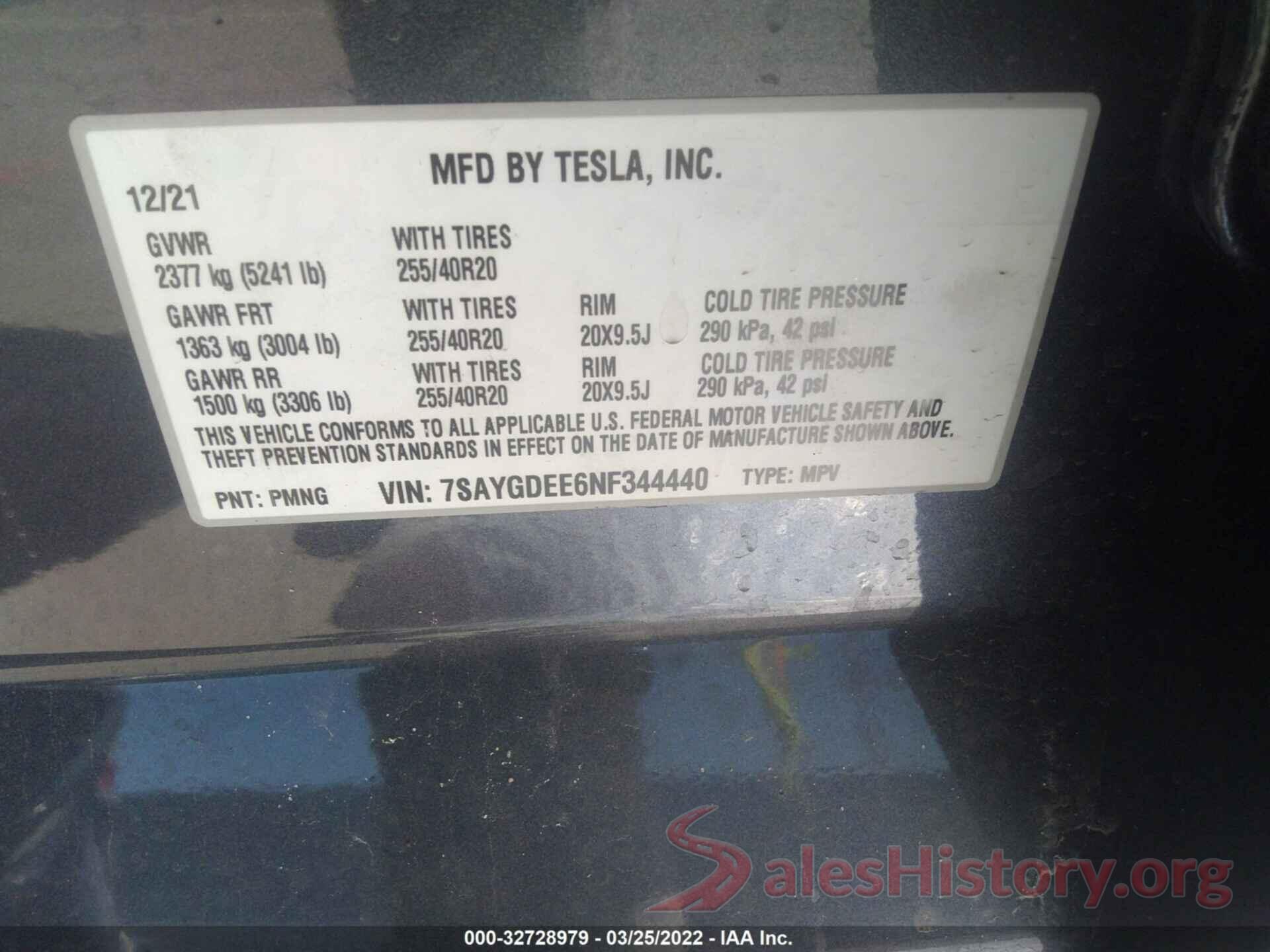 7SAYGDEE6NF344440 2022 TESLA MODEL Y