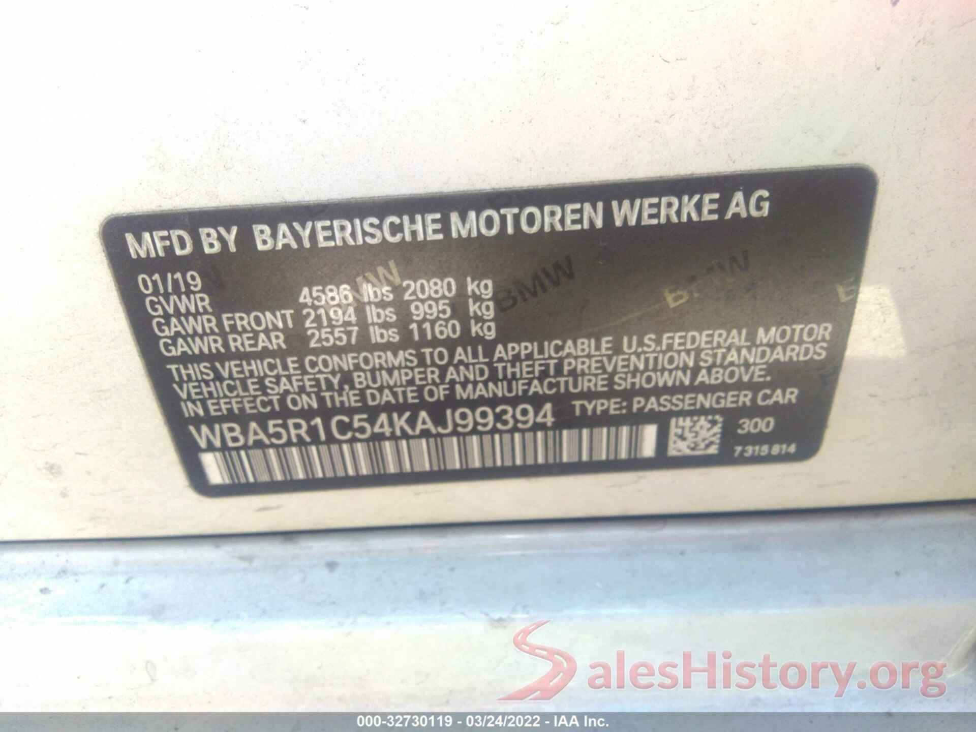 WBA5R1C54KAJ99394 2019 BMW 3 SERIES