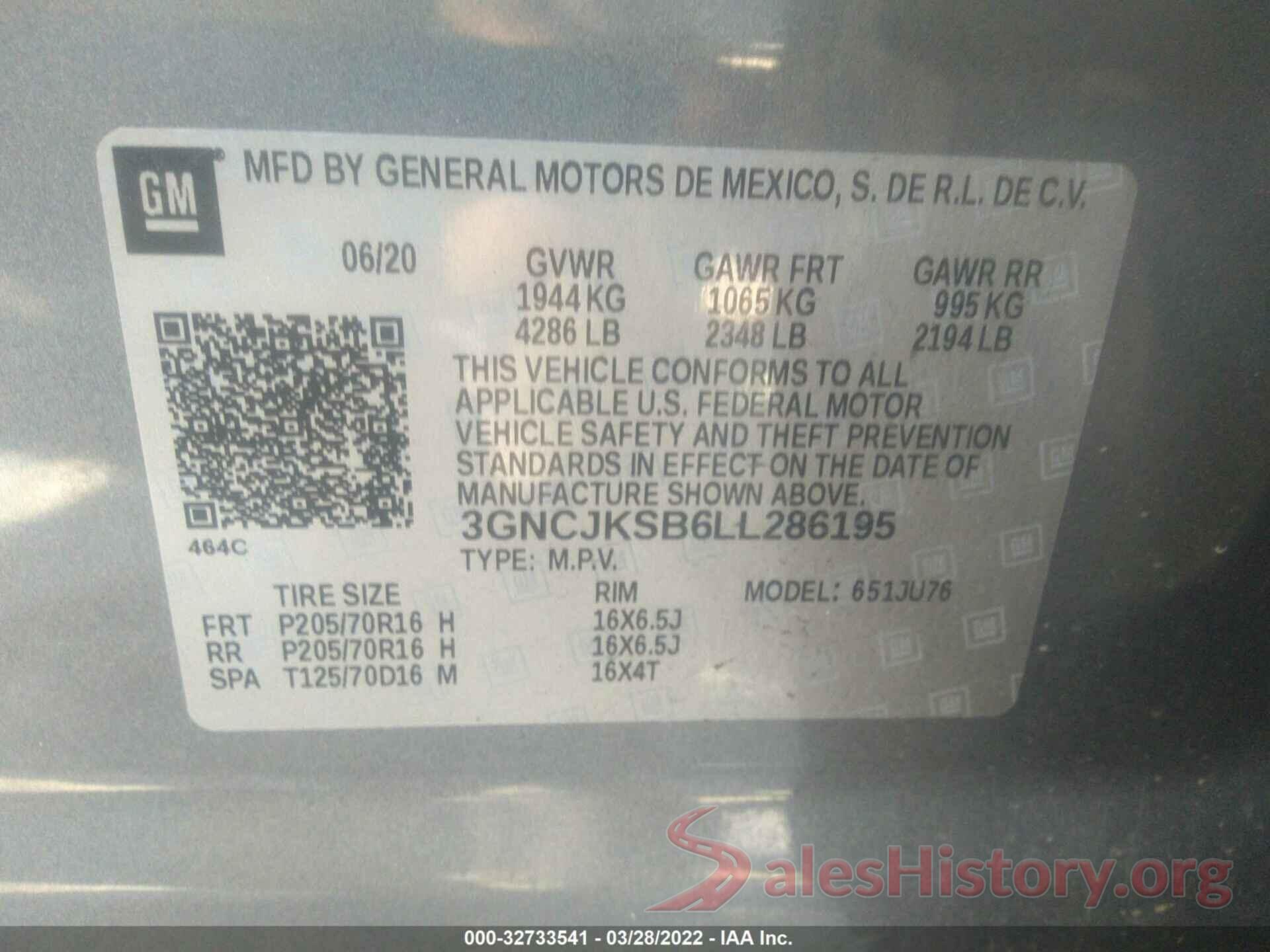 3GNCJKSB6LL286195 2020 CHEVROLET TRAX