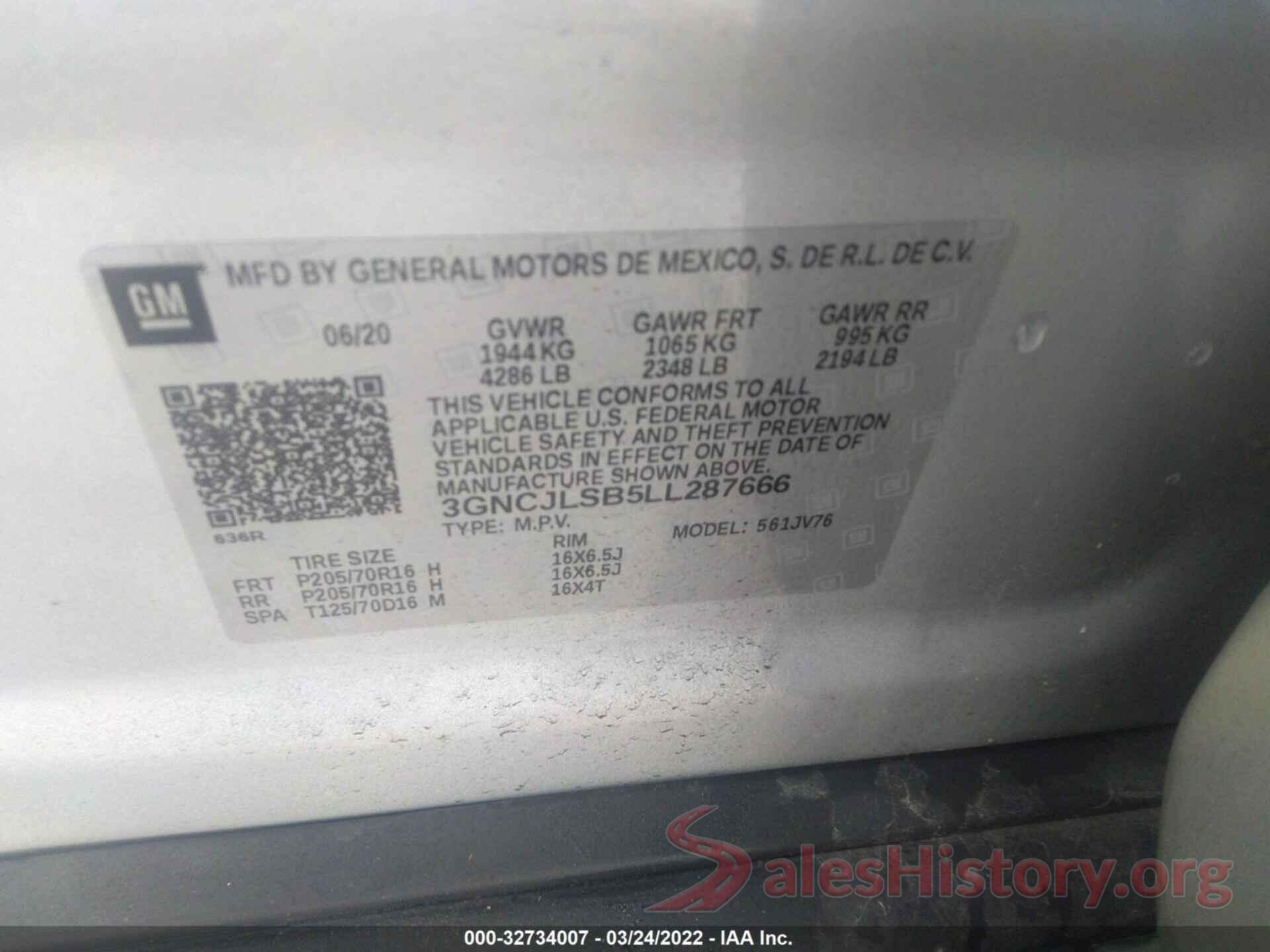 3GNCJLSB5LL287666 2020 CHEVROLET TRAX