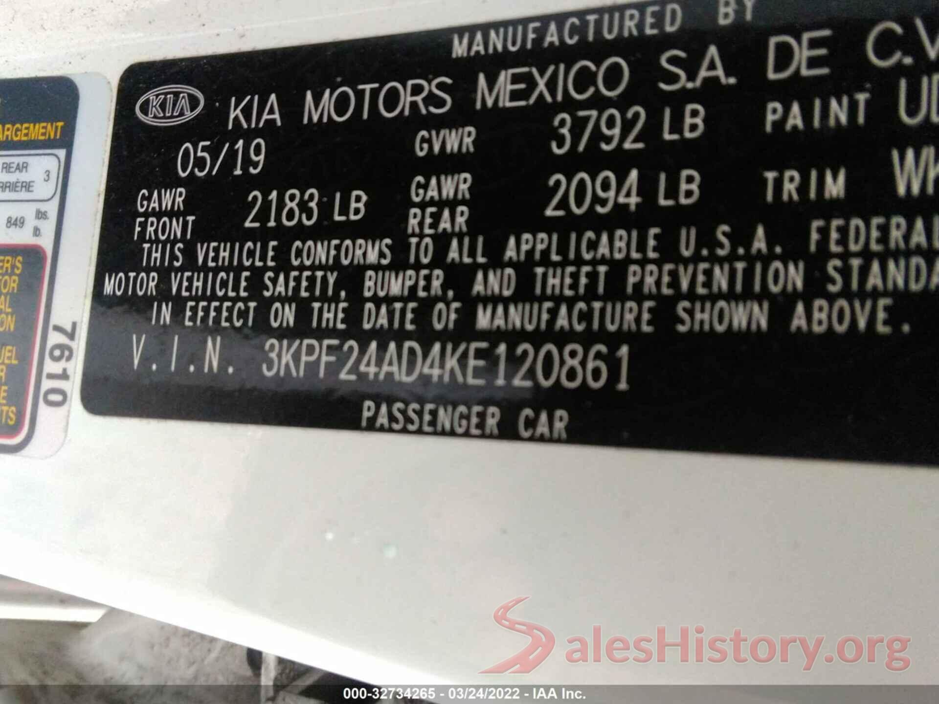 3KPF24AD4KE120861 2019 KIA FORTE