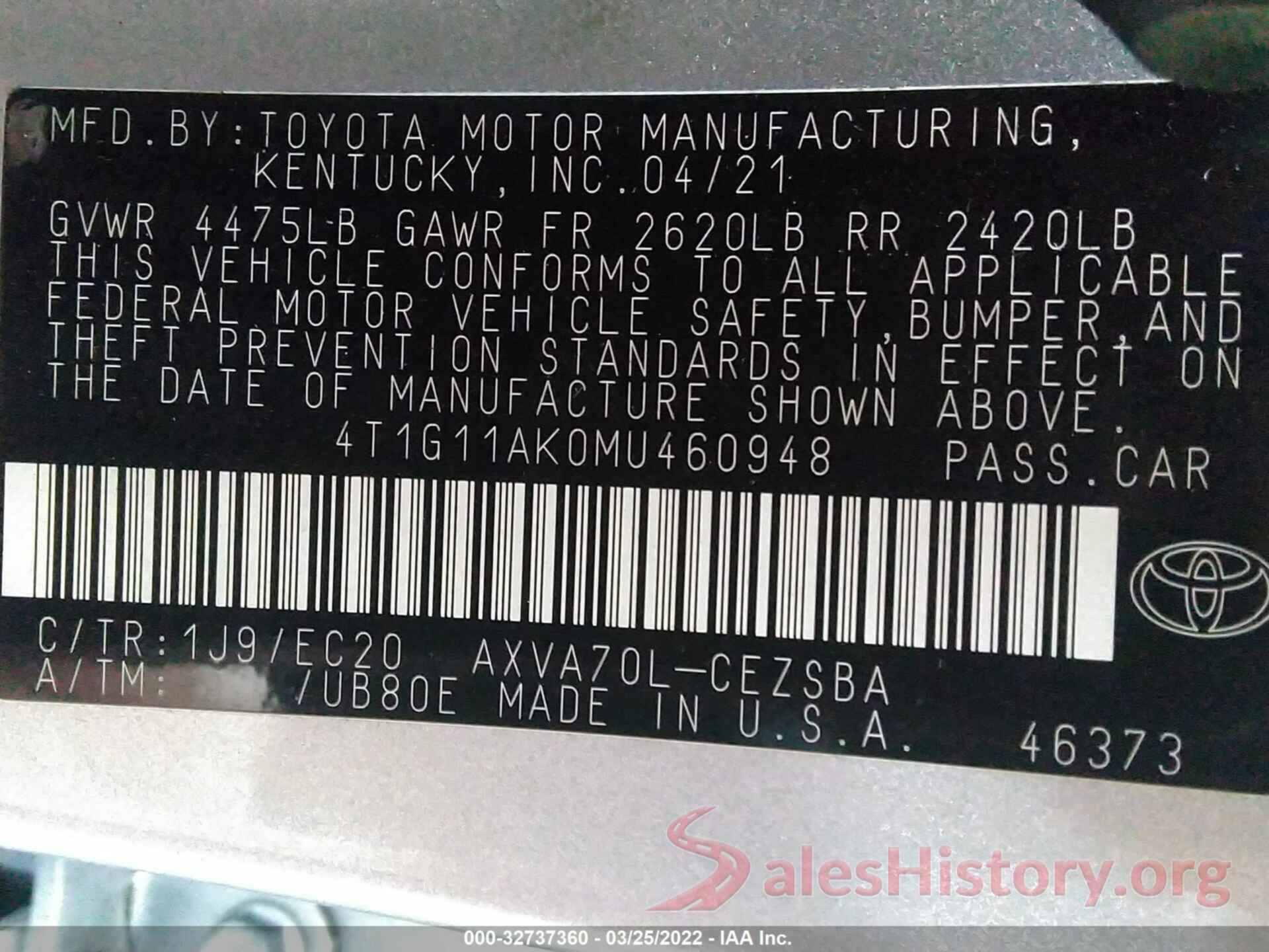 4T1G11AK0MU460948 2021 TOYOTA CAMRY