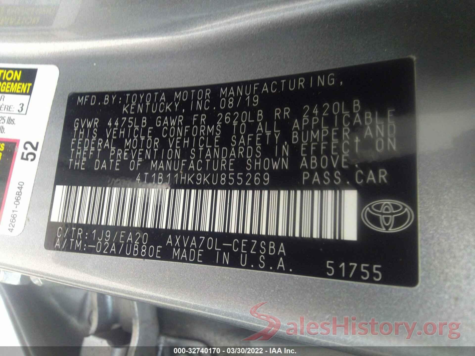 4T1B11HK9KU855269 2019 TOYOTA CAMRY