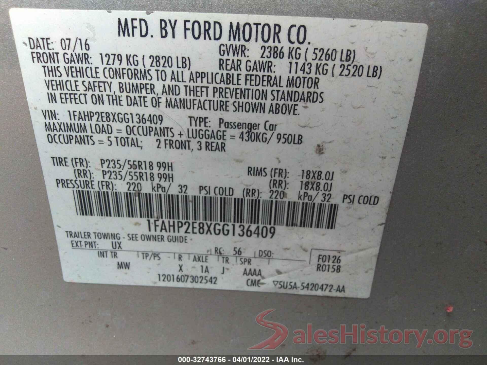 1FAHP2E8XGG136409 2016 FORD TAURUS