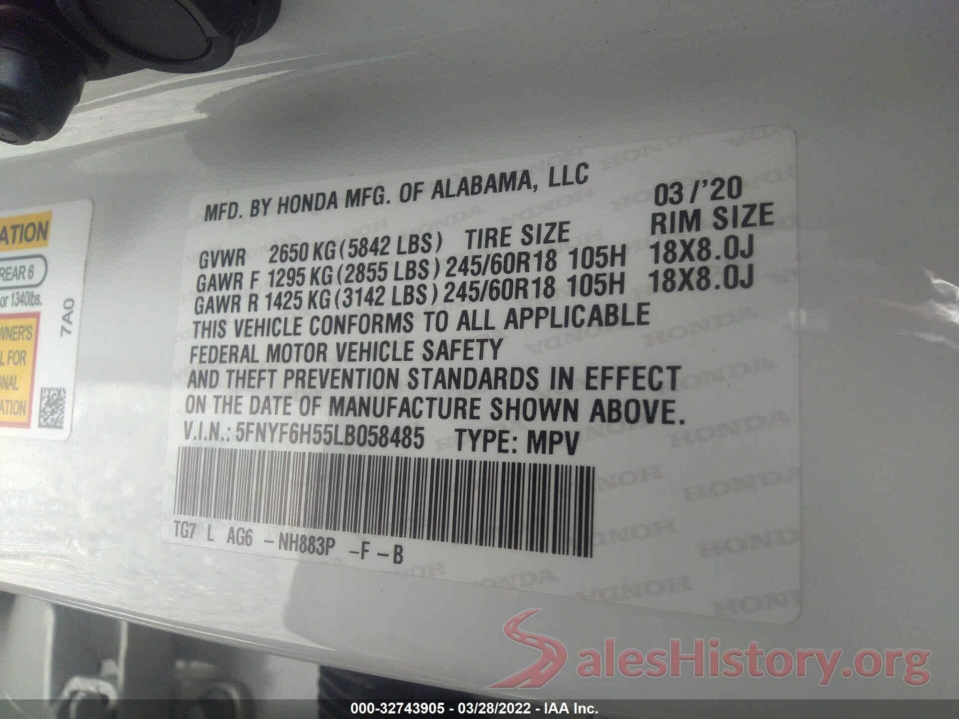 5FNYF6H55LB058485 2020 HONDA PILOT