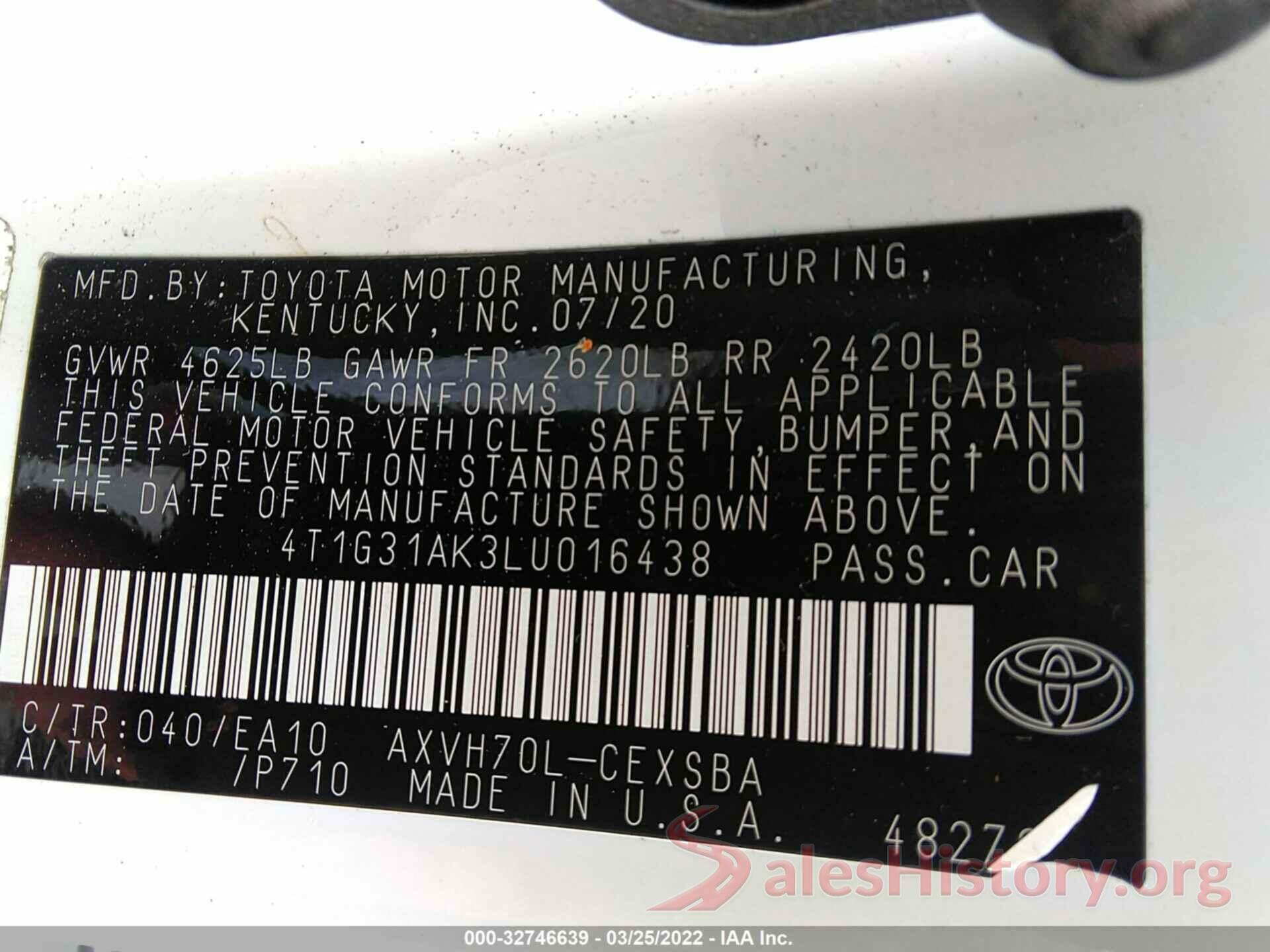 4T1G31AK3LU016438 2020 TOYOTA CAMRY