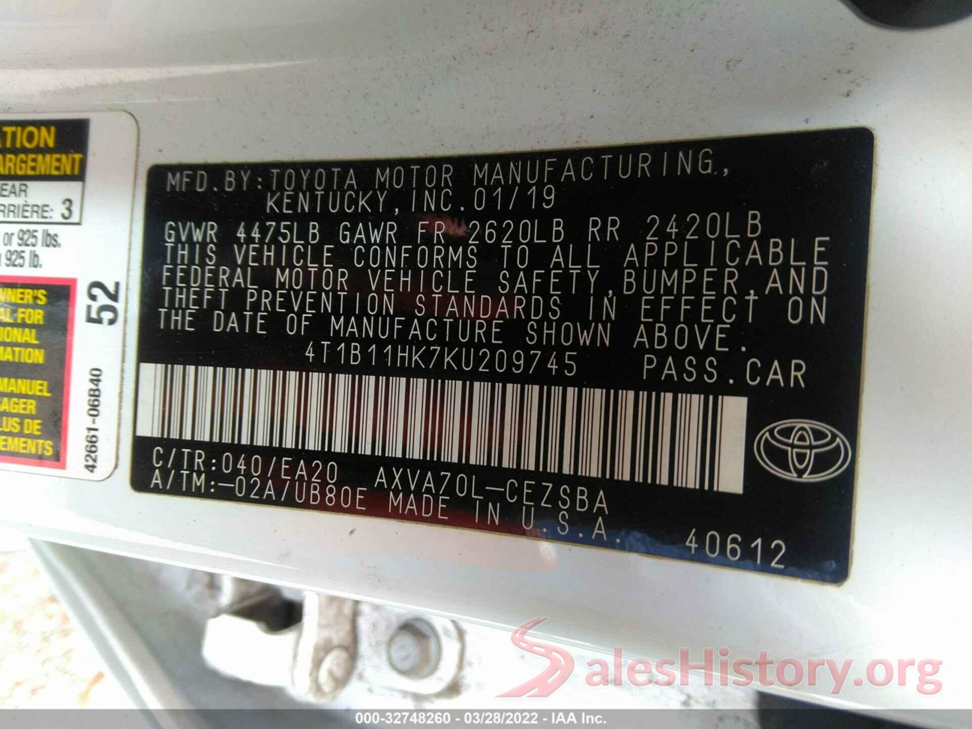 4T1B11HK7KU209745 2019 TOYOTA CAMRY