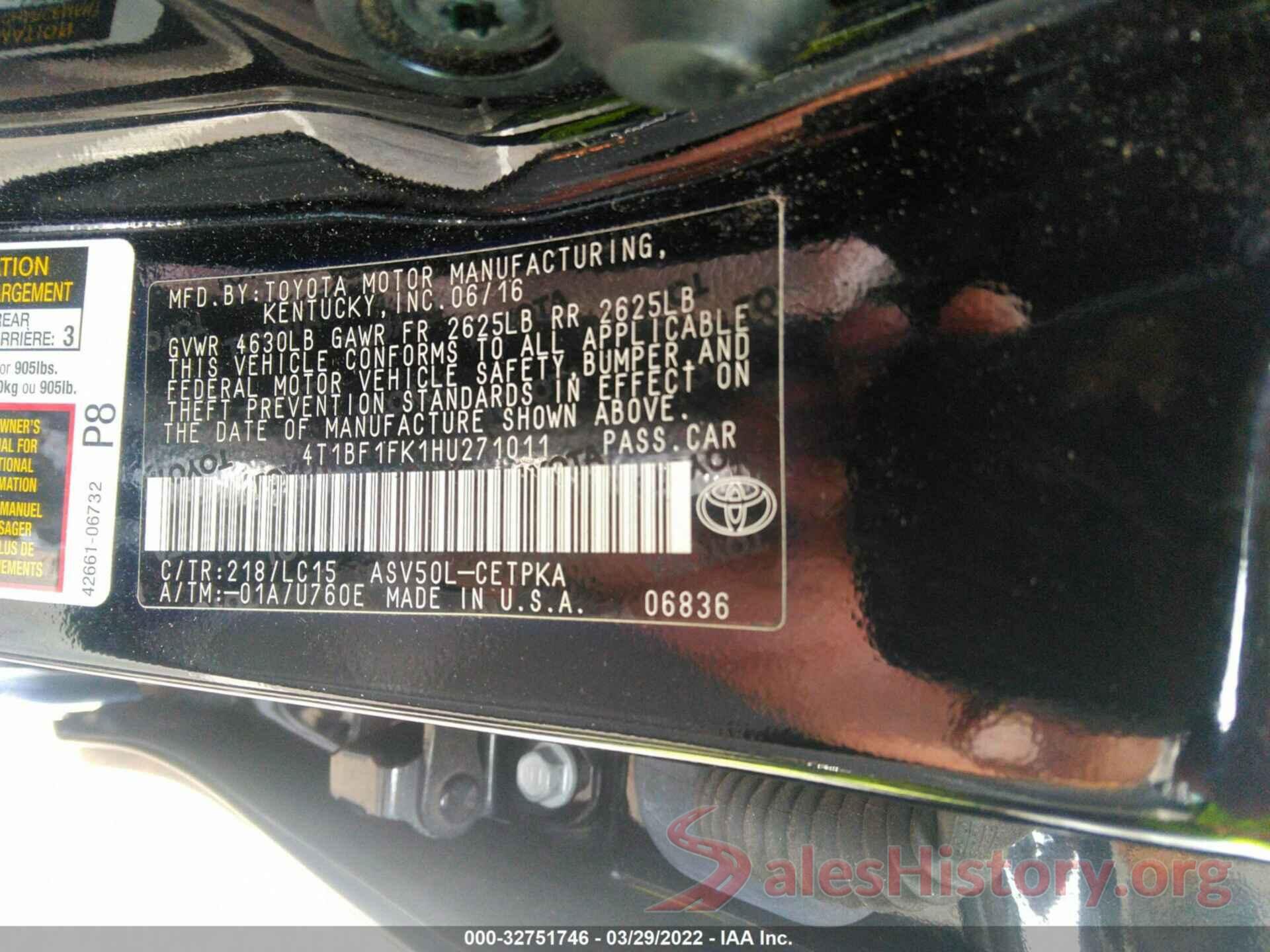 4T1BF1FK1HU271011 2017 TOYOTA CAMRY