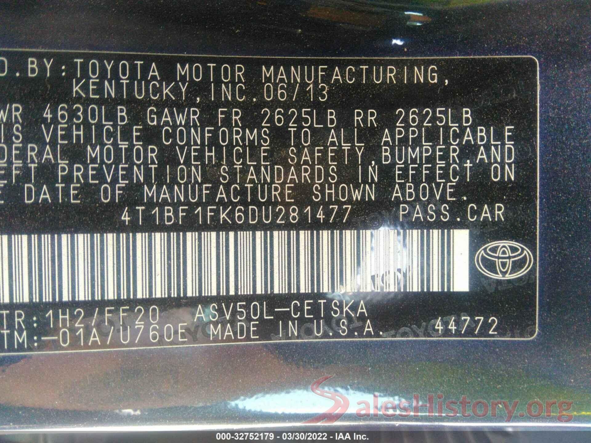 4T1BF1FK6DU281477 2013 TOYOTA CAMRY