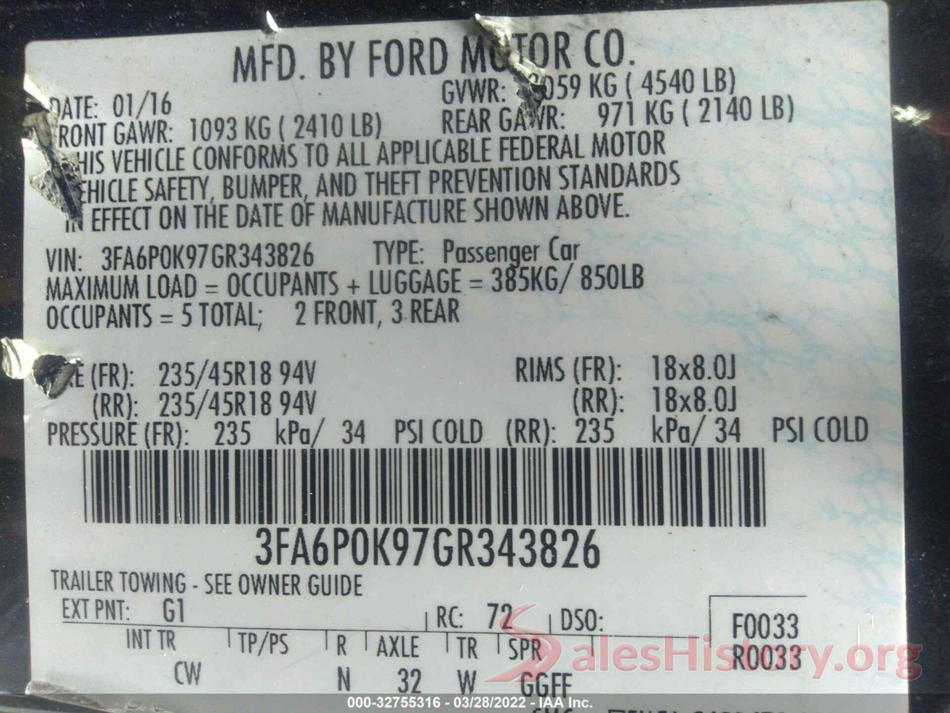 3FA6P0K97GR343826 2016 FORD FUSION