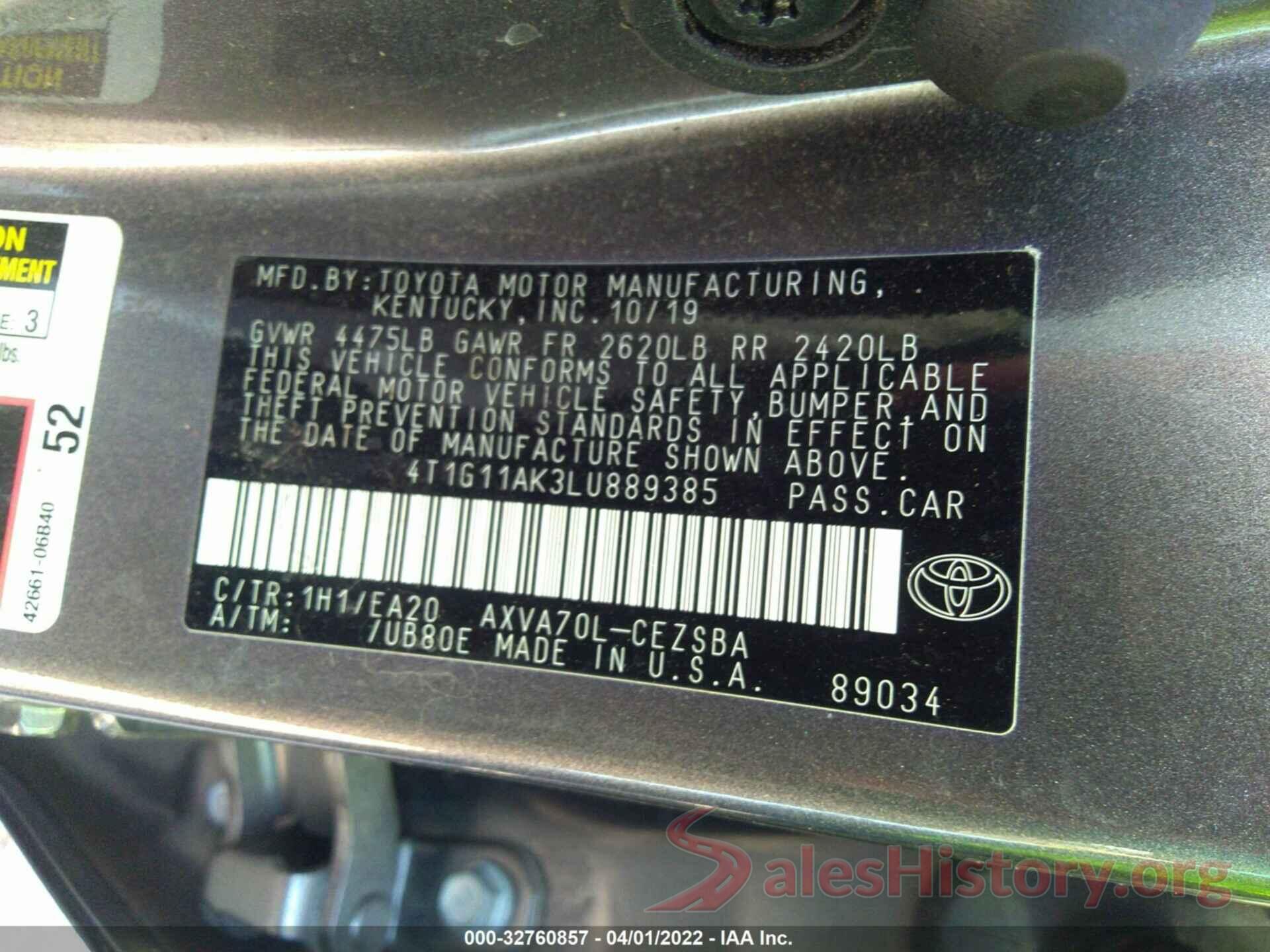 4T1G11AK3LU889385 2020 TOYOTA CAMRY