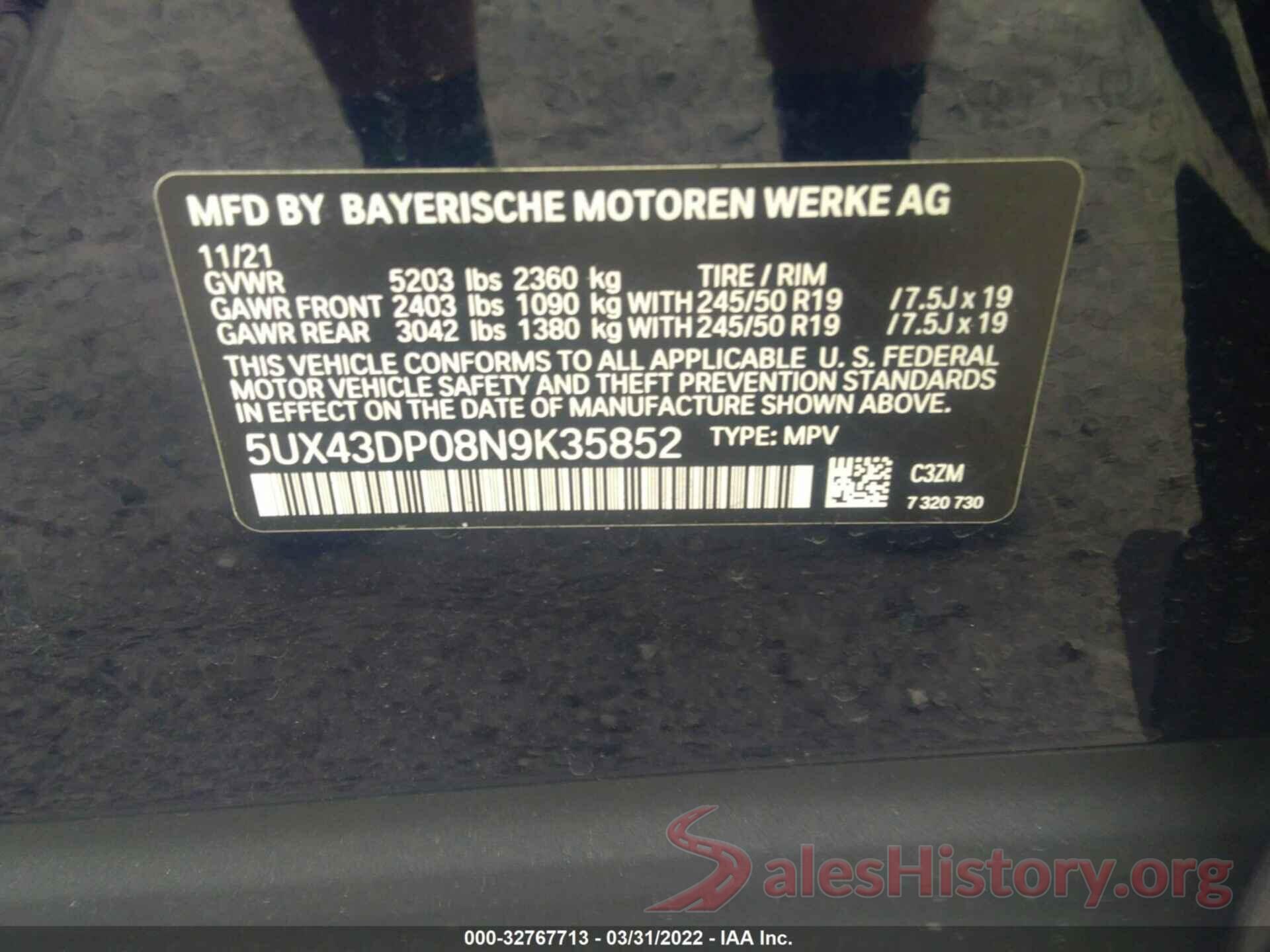 5UX43DP08N9K35852 2022 BMW X3