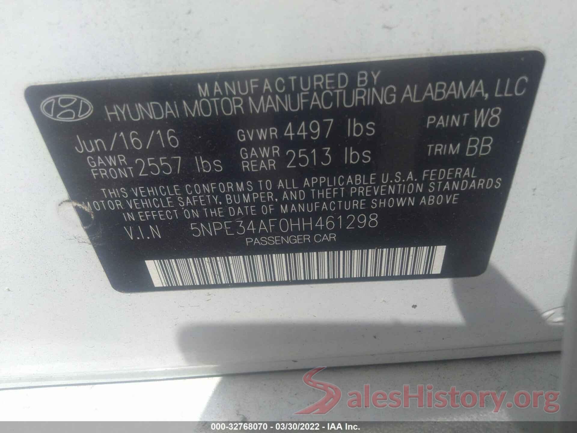 5NPE34AF0HH461298 2017 HYUNDAI SONATA