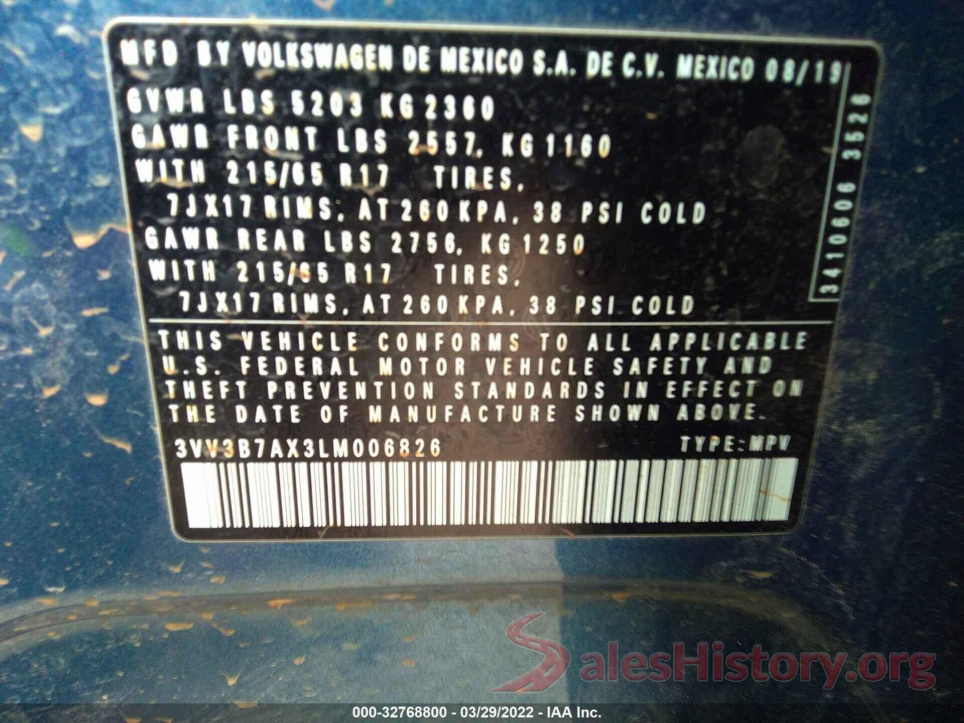 3VV3B7AX3LM006826 2020 VOLKSWAGEN TIGUAN