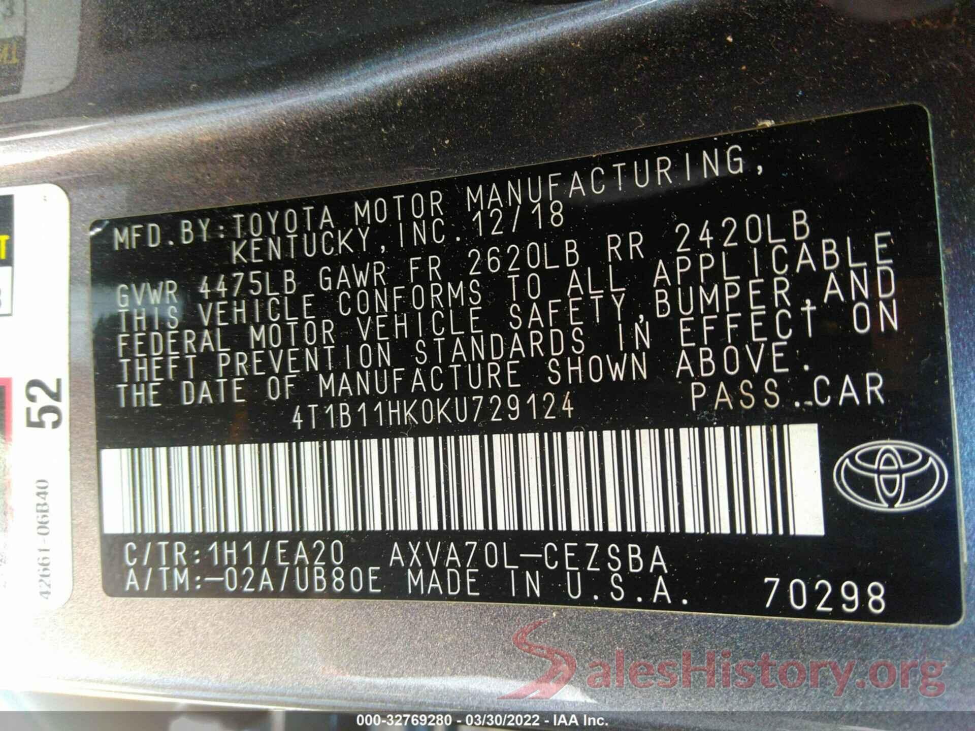 4T1B11HK0KU729124 2019 TOYOTA CAMRY