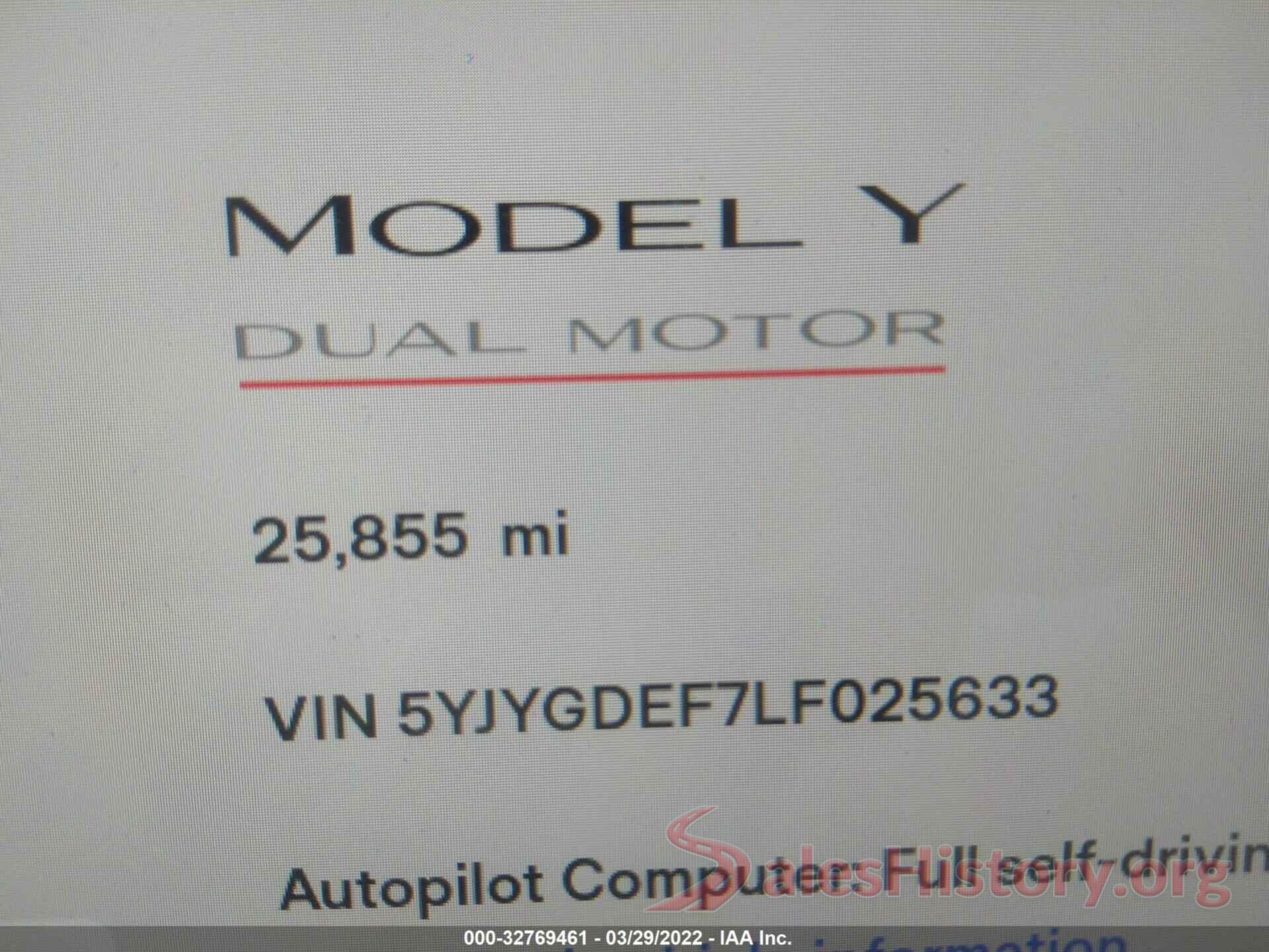 5YJYGDEF7LF025633 2020 TESLA MODEL Y