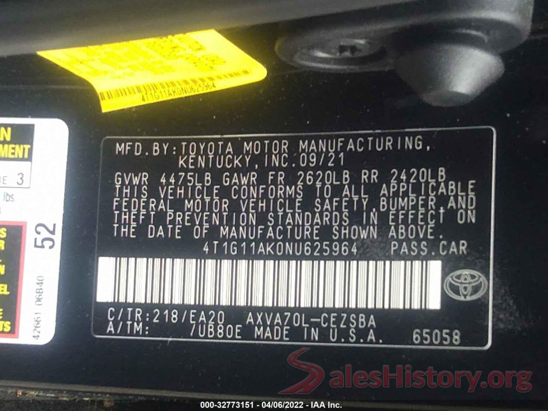 4T1G11AK0NU625964 2022 TOYOTA CAMRY